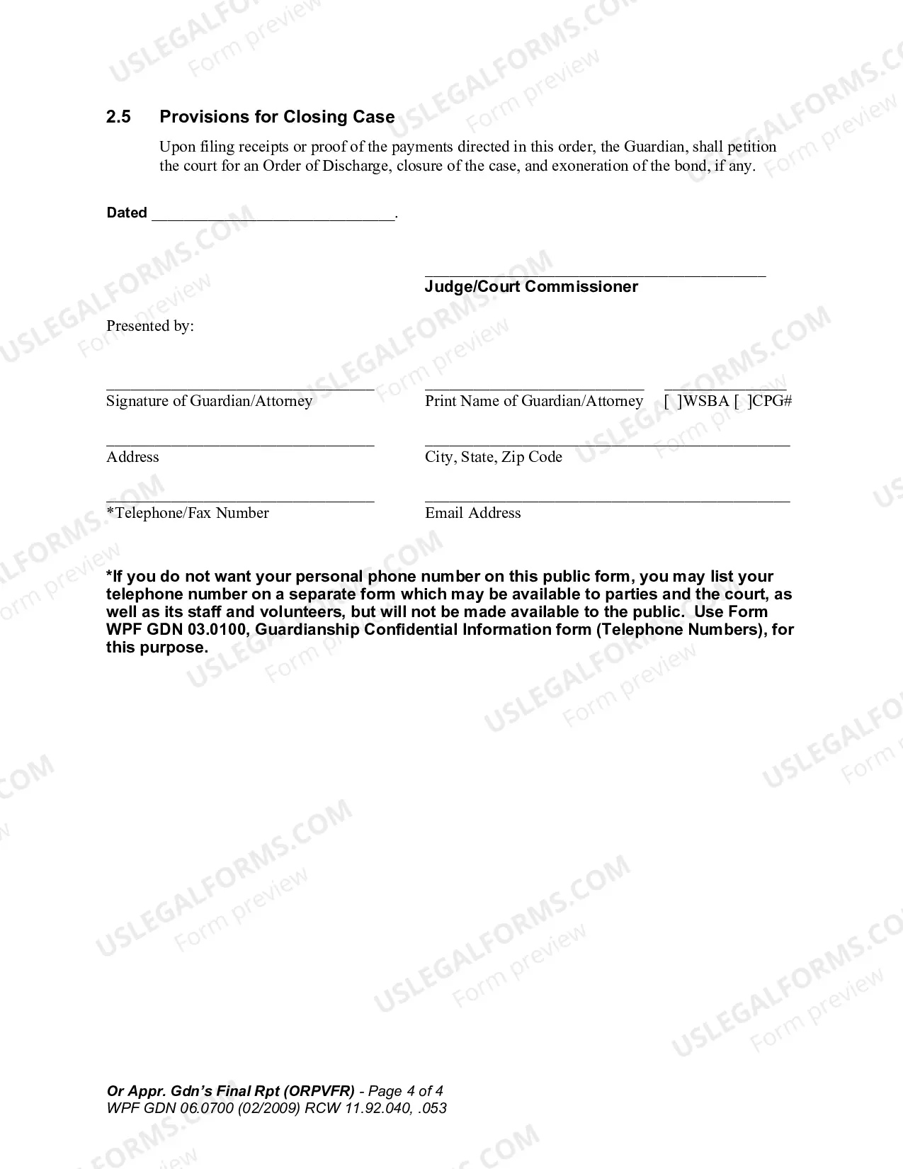 Preview Order Approving Guardian's Final Report (ORPVFR)