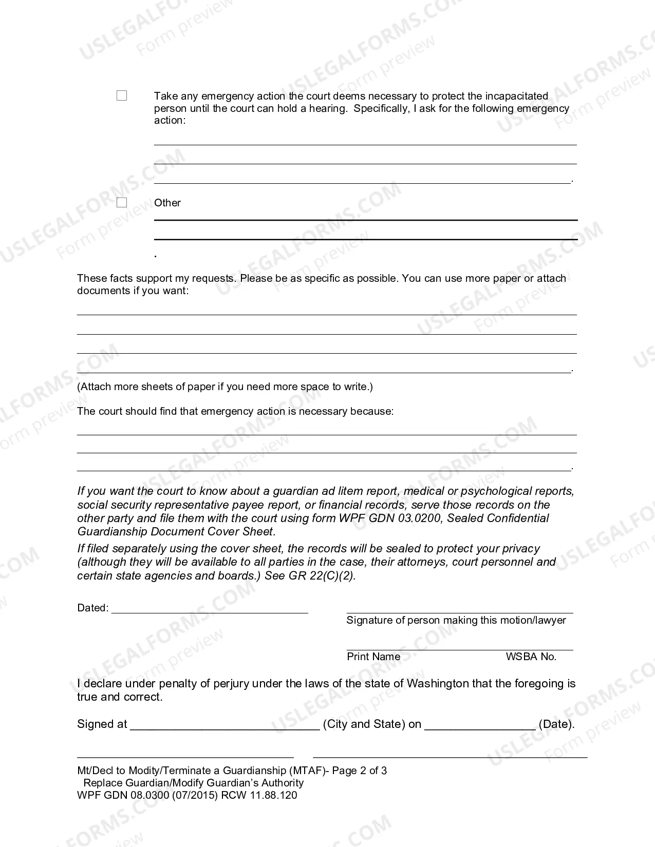 Preview Motion/Declaration to Modify a Guardianship/Terminate a Guardianship/Replace a Guardian or Modify a Guardian's Authority under RCW 11.88.120