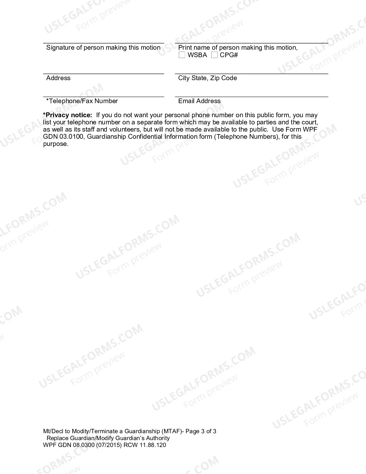 Preview Motion/Declaration to Modify a Guardianship/Terminate a Guardianship/Replace a Guardian or Modify a Guardian's Authority under RCW 11.88.120