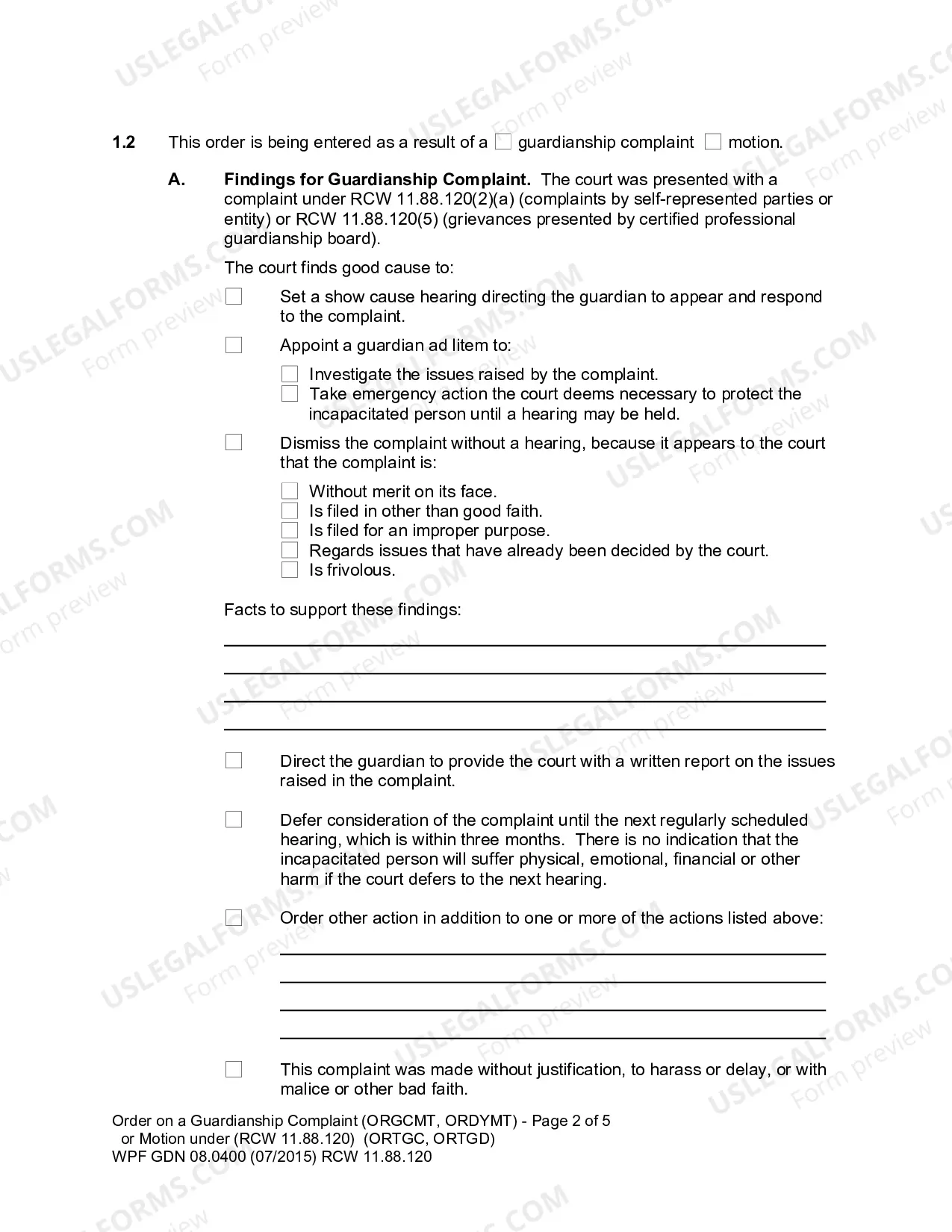 Preview Order on a Guardianship Complaint or Motion under RCW 11.88.120