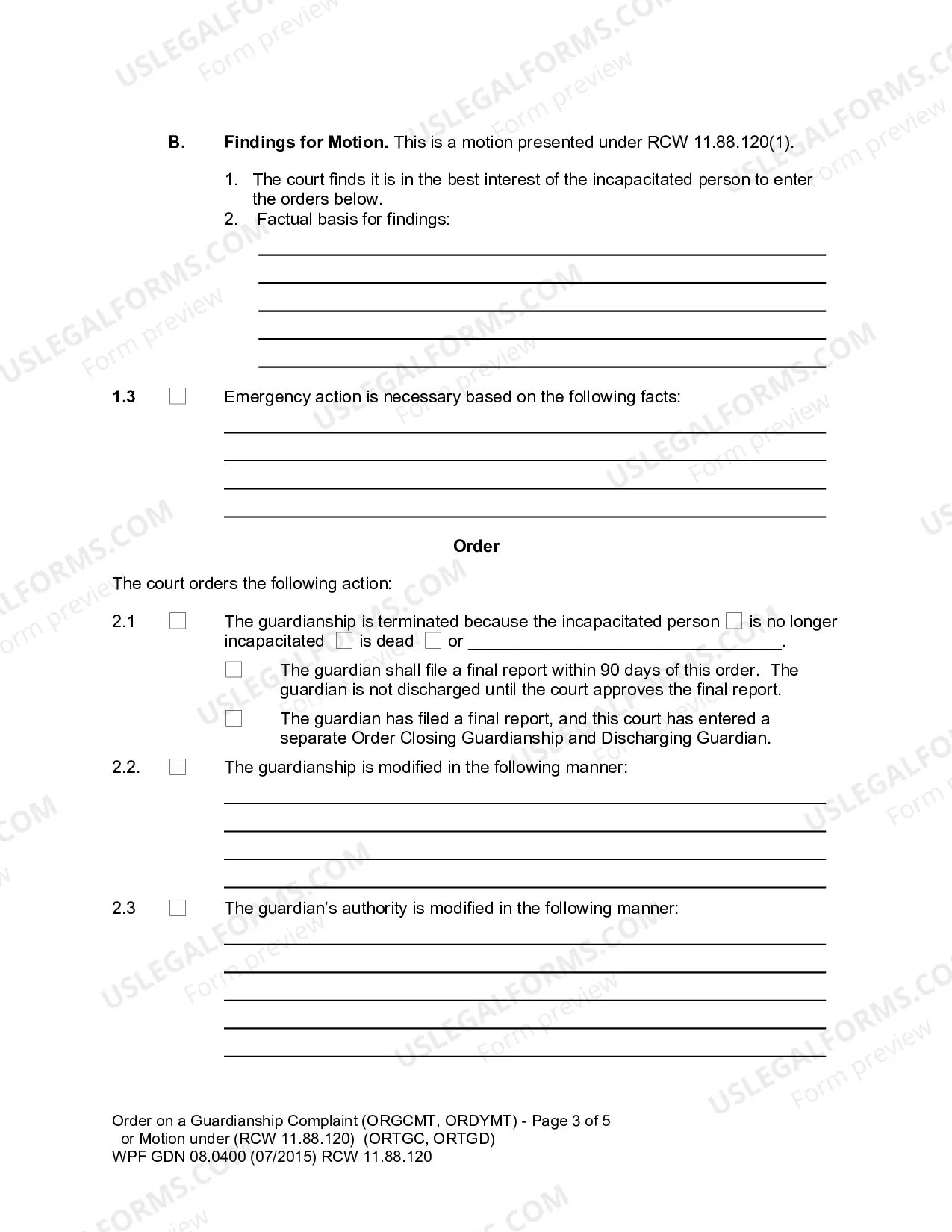 Preview Order on a Guardianship Complaint or Motion under RCW 11.88.120