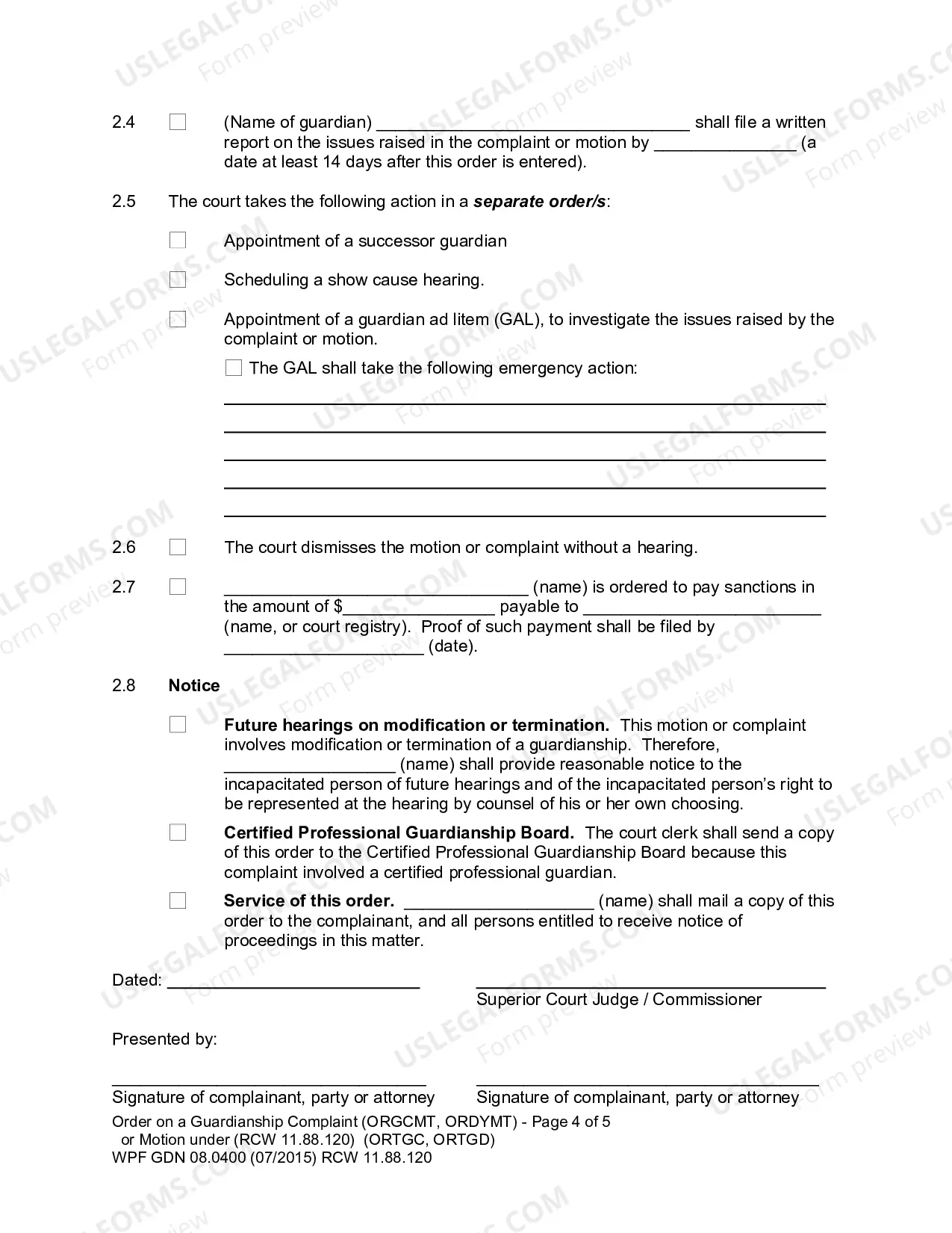 Preview Order on a Guardianship Complaint or Motion under RCW 11.88.120