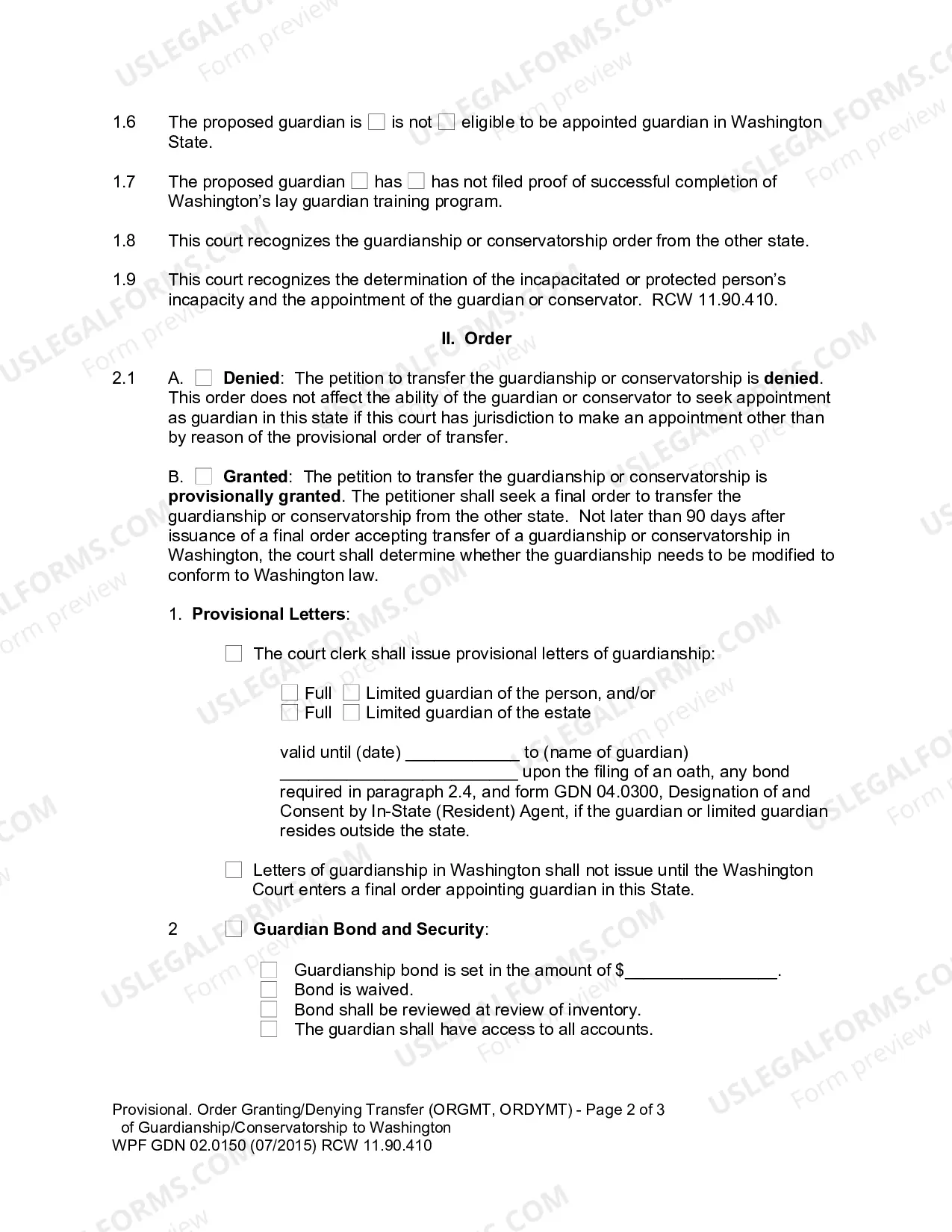 Preview Provisional Order Granting/Denying Transfer of Guardianship or Conservatorship to Washington (ORGMT, ORDYMT)