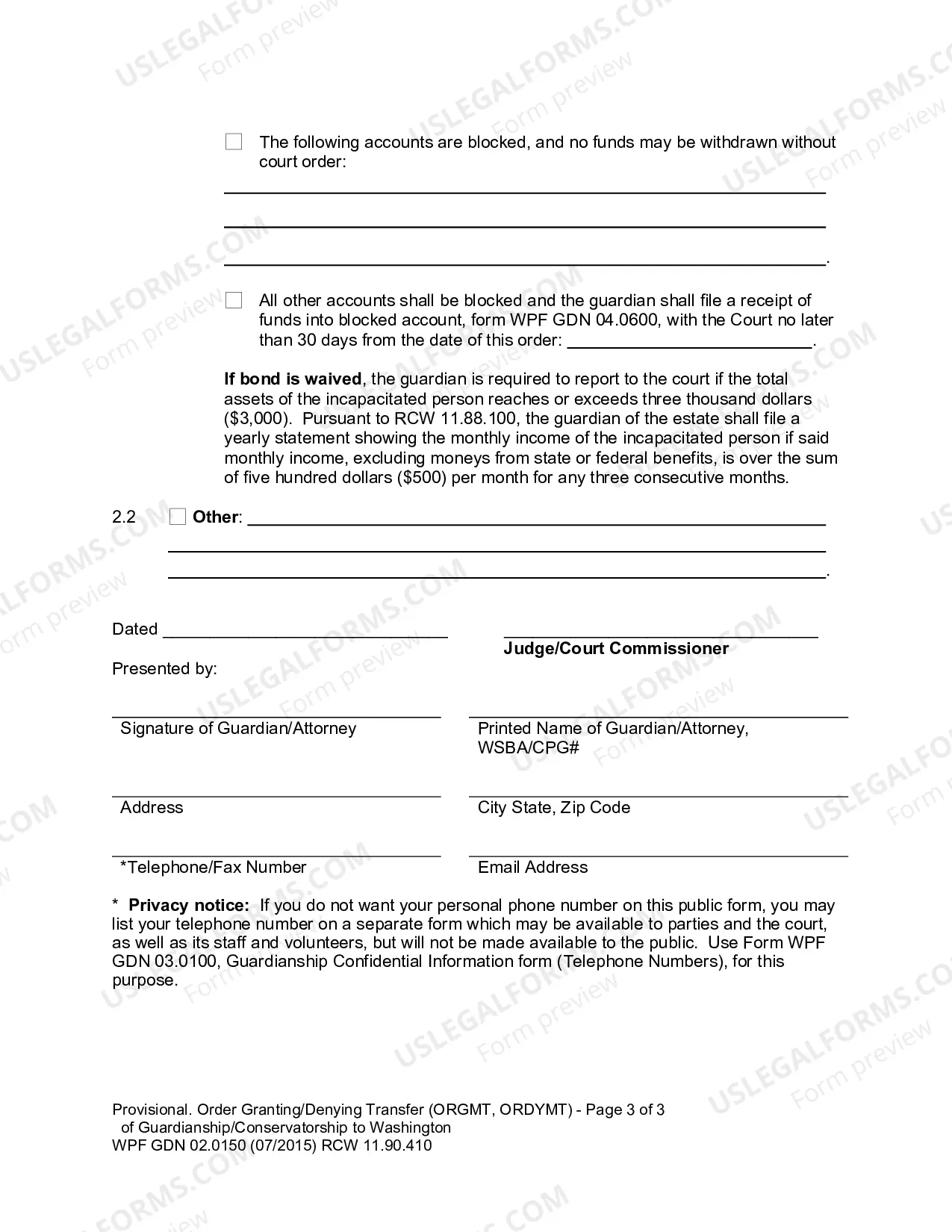 Preview Provisional Order Granting/Denying Transfer of Guardianship or Conservatorship to Washington (ORGMT, ORDYMT)