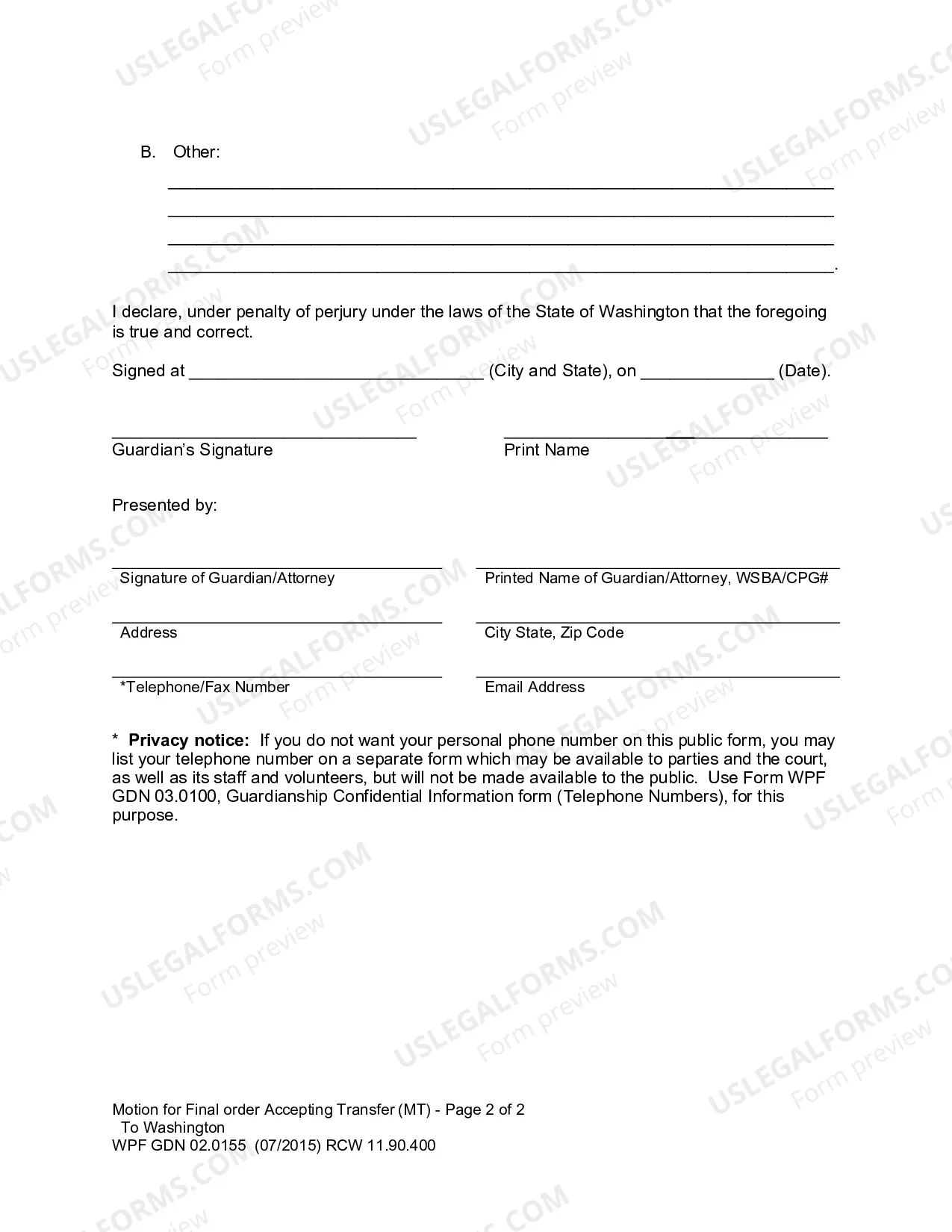 Preview Motion for Final Order Accepting Transfer to Washington (MT)
