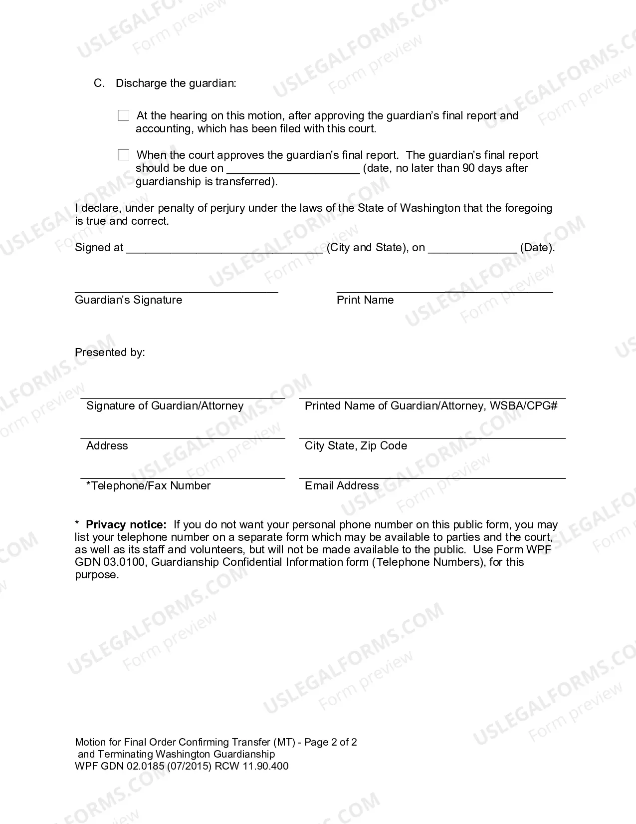 Preview Motion for Final Order Confirming Transfer and Terminating the Washington Guardianship (MT)