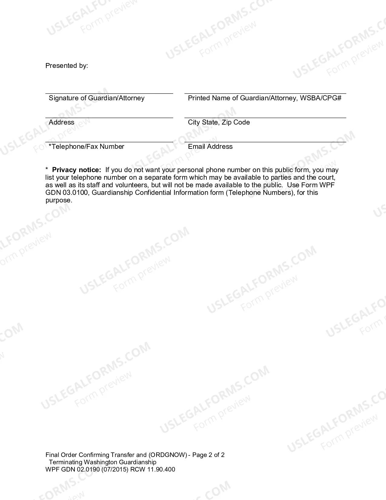 Preview Final Order Confirming Transfer and Terminating Washington Guardianship (ORGDNOW)