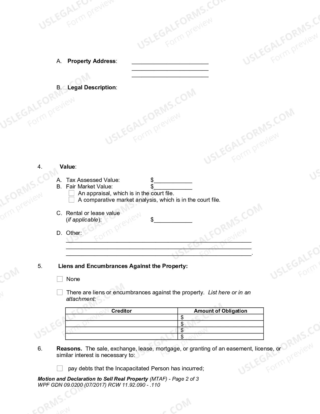 Preview Motion and Declaration to Sell, Transfer, or Encumber Real Property
