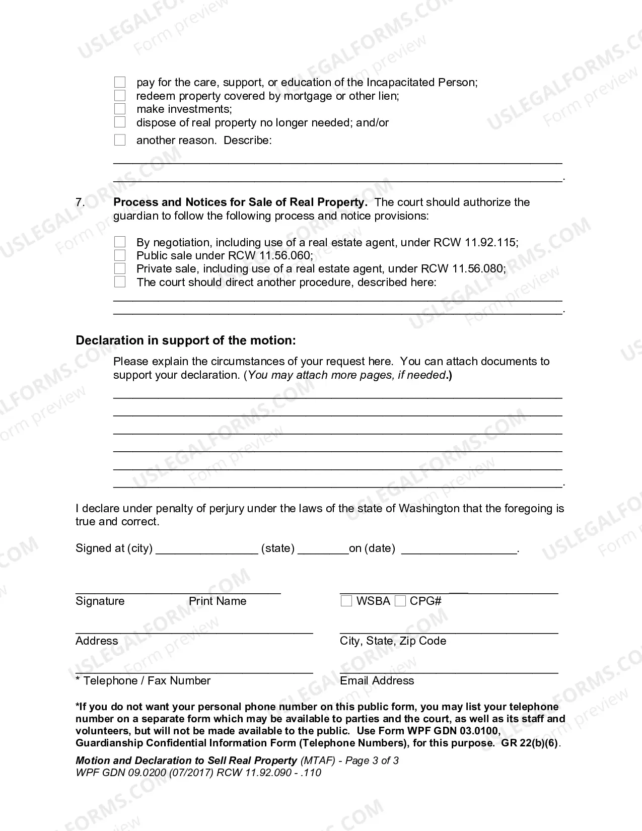 Preview Motion and Declaration to Sell, Transfer, or Encumber Real Property