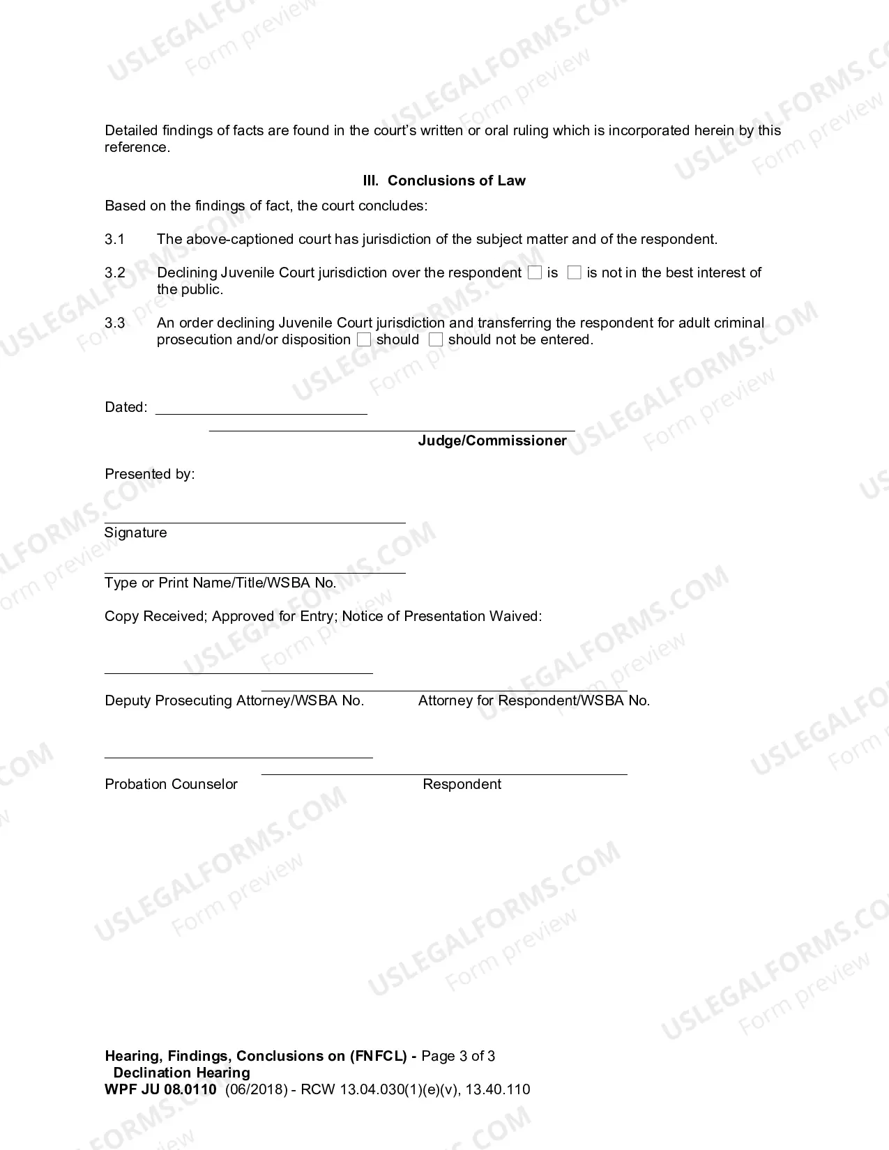 Preview Hearing Findings And Conclusions On Declination Hearing