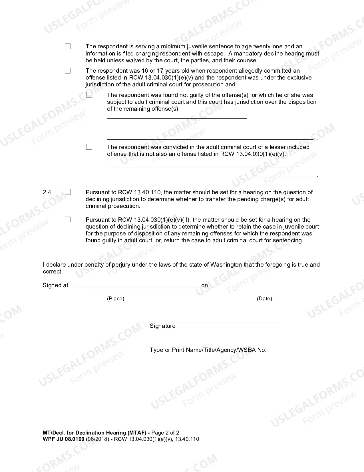 Preview Motion And Declaration For Declination Hearing