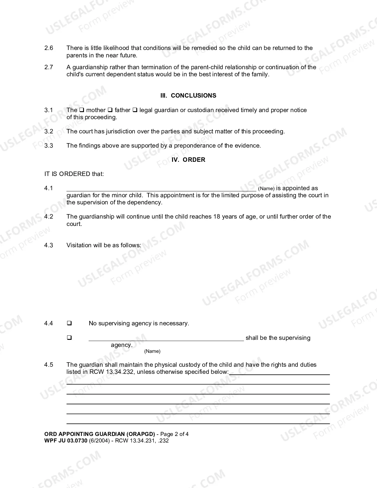 Preview Hearing Findings Conclusions And Order Appointing Guardian