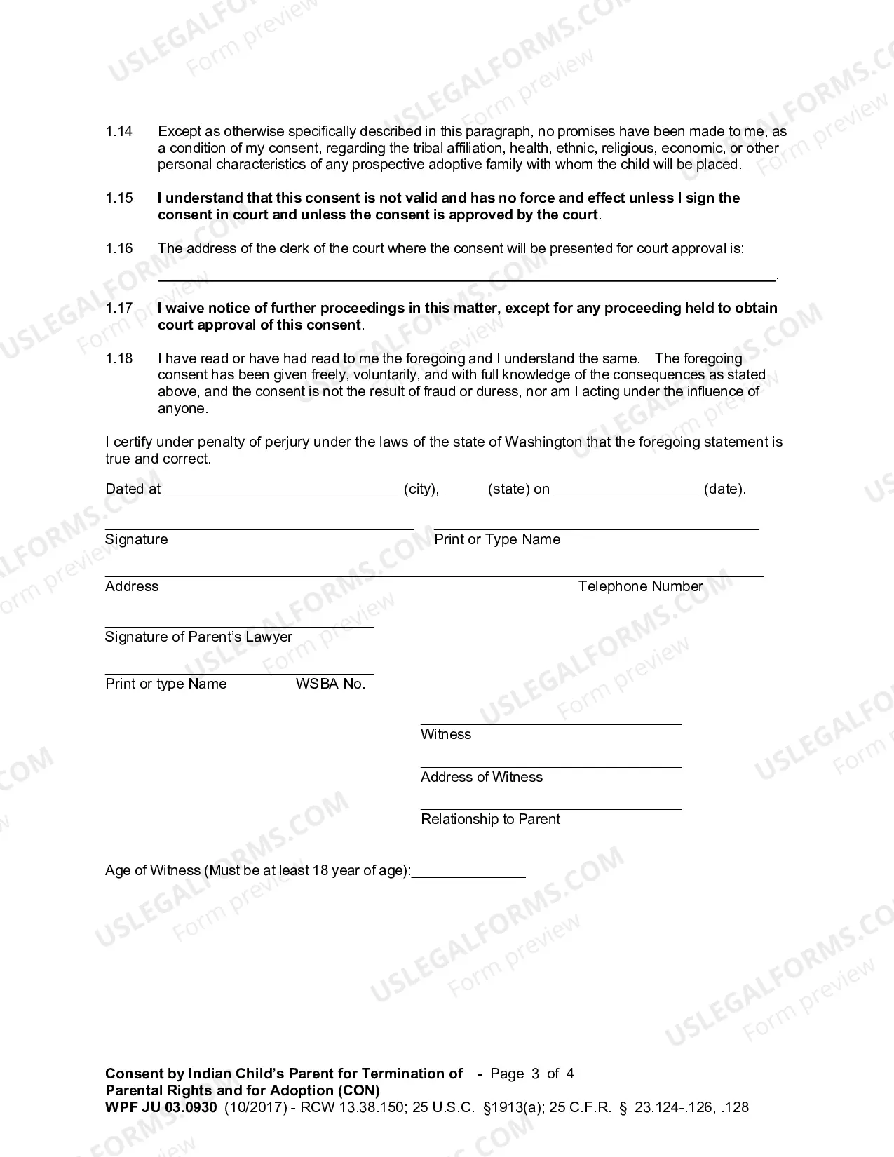 Preview Consent by Indian Child's Parent for Termination of Parental Rights and for Adoption