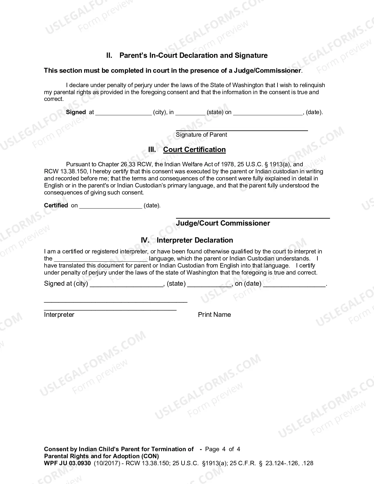 Preview Consent by Indian Child's Parent for Termination of Parental Rights and for Adoption