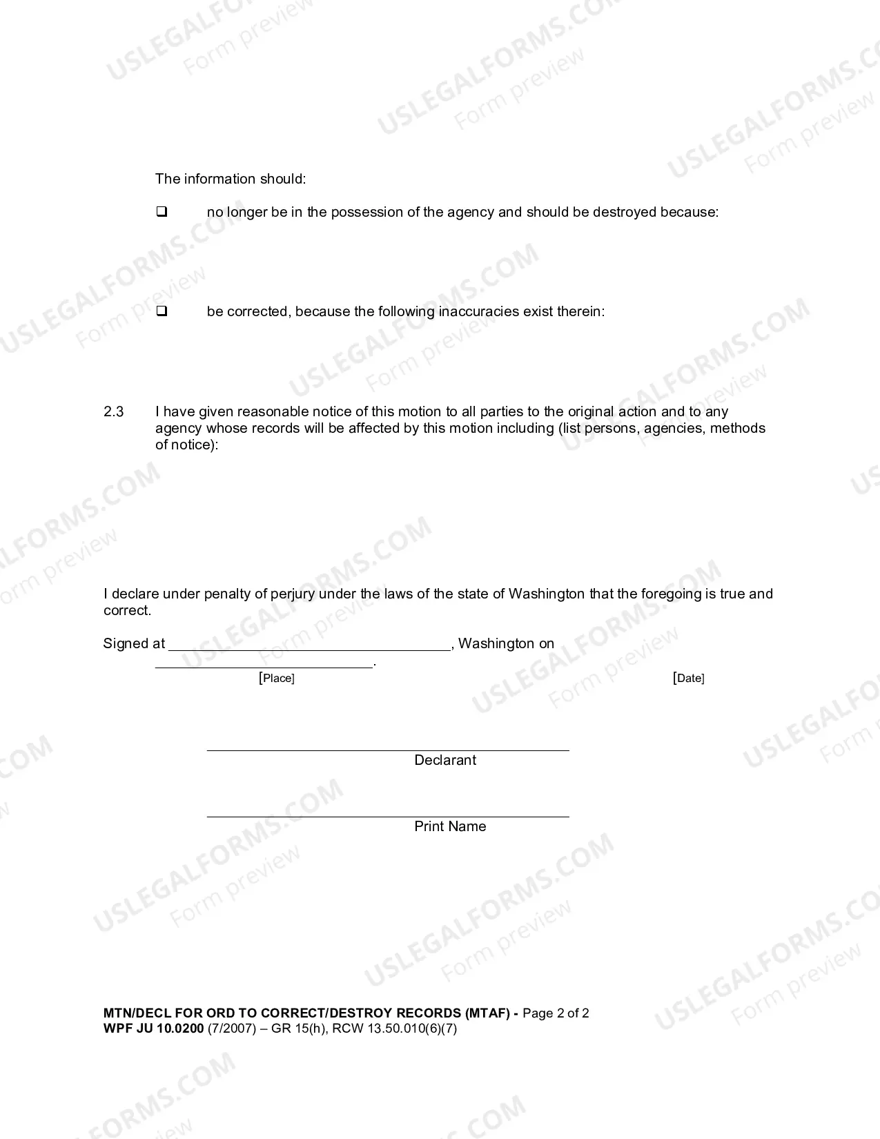 Preview Motion And Declaration For Order To Correct Or Destroy Improperly Retained Records