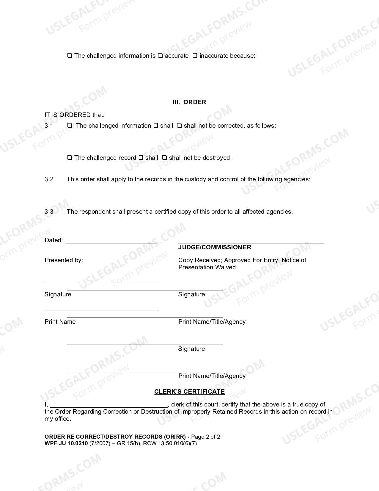 Preview Order Regarding Correction Or Destruction of Improperly Retained Records