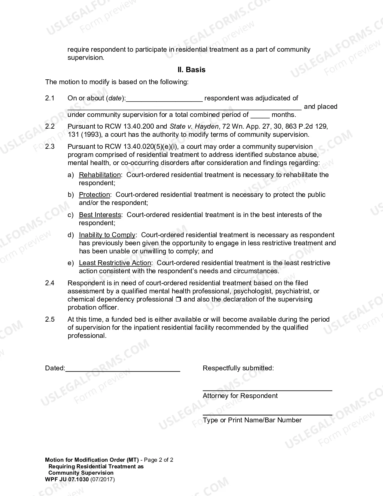 Preview Motion for Modification Order Requiring Residential Treatment as Community Supervision