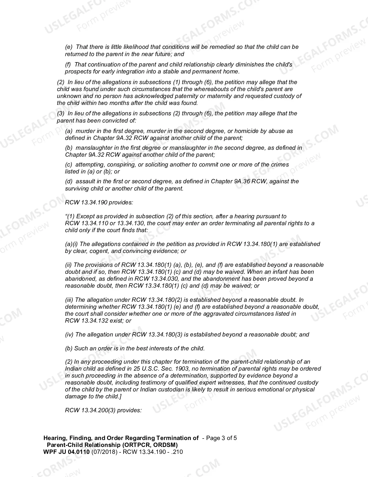 Preview Hearing Findings And Order Terminating Parent Child Relationship