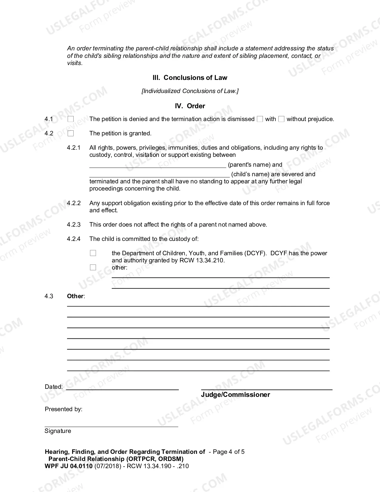 Preview Hearing Findings And Order Terminating Parent Child Relationship
