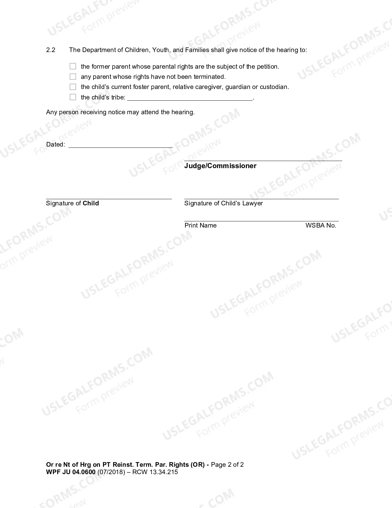 Preview Order re Notice of Hearing on Petition for Reinstatement of Terminated Parental Rights