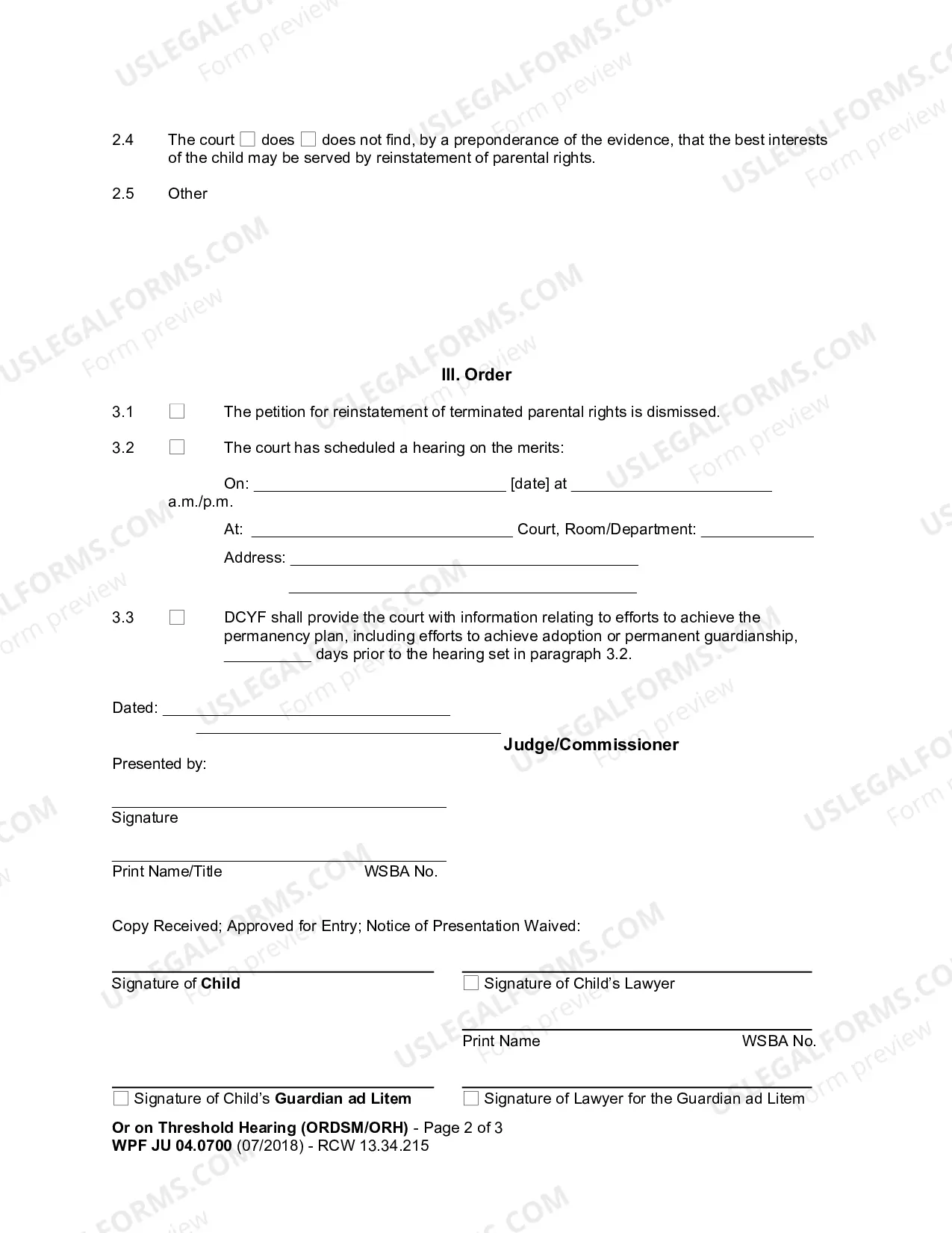 Preview Order on Threshold Hearing (Petition for Reinstatement of Terminated Parental Rights)