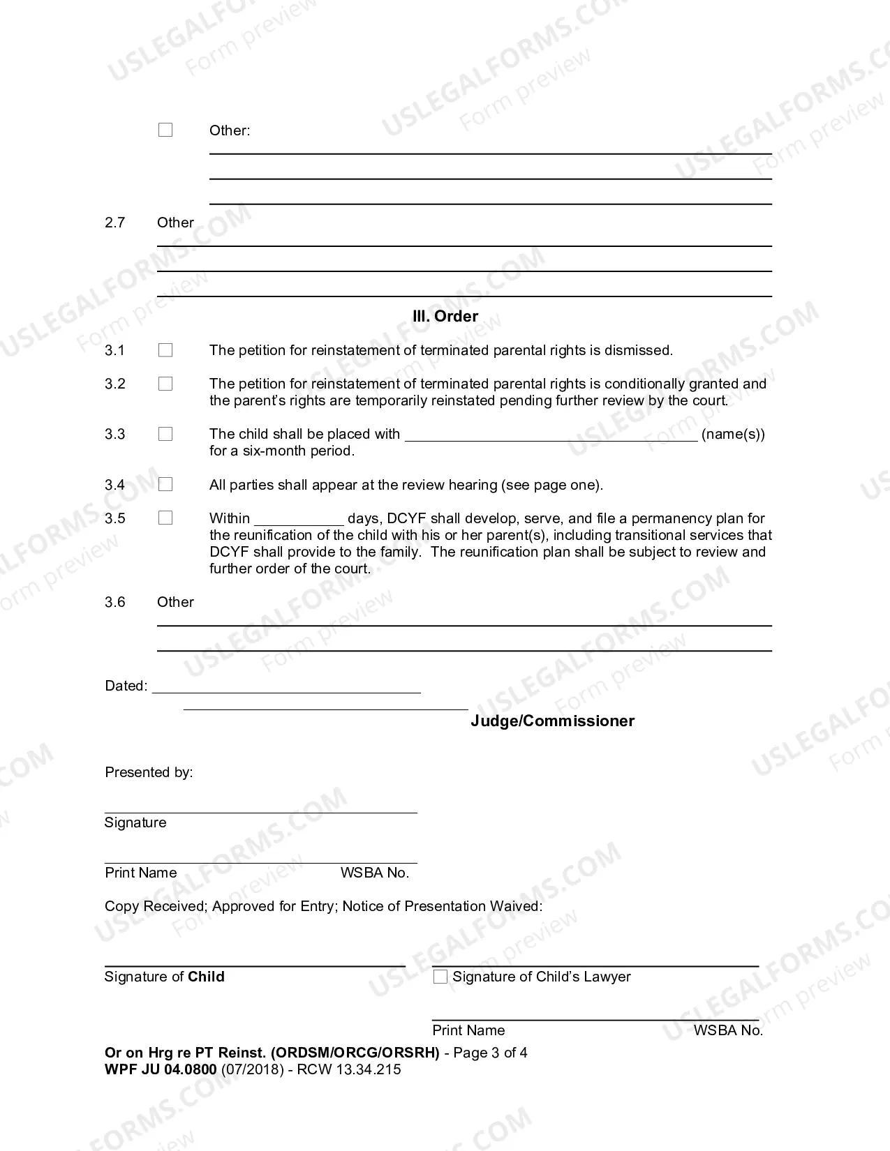 Preview Order on Hearing re Petition for Reinstatement of Terminated Parental Rights