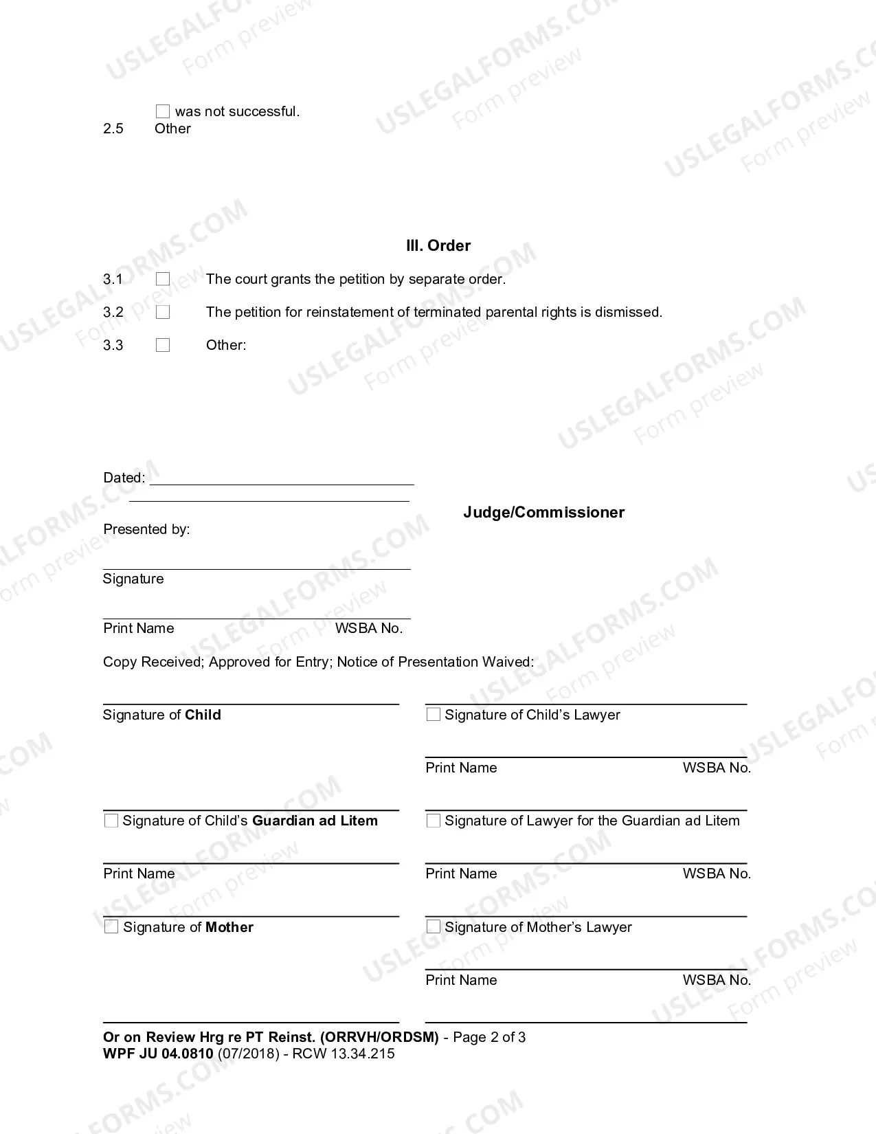 Preview Order on Review Hearing re Petition for Reinstatement of Terminated Parental Rights