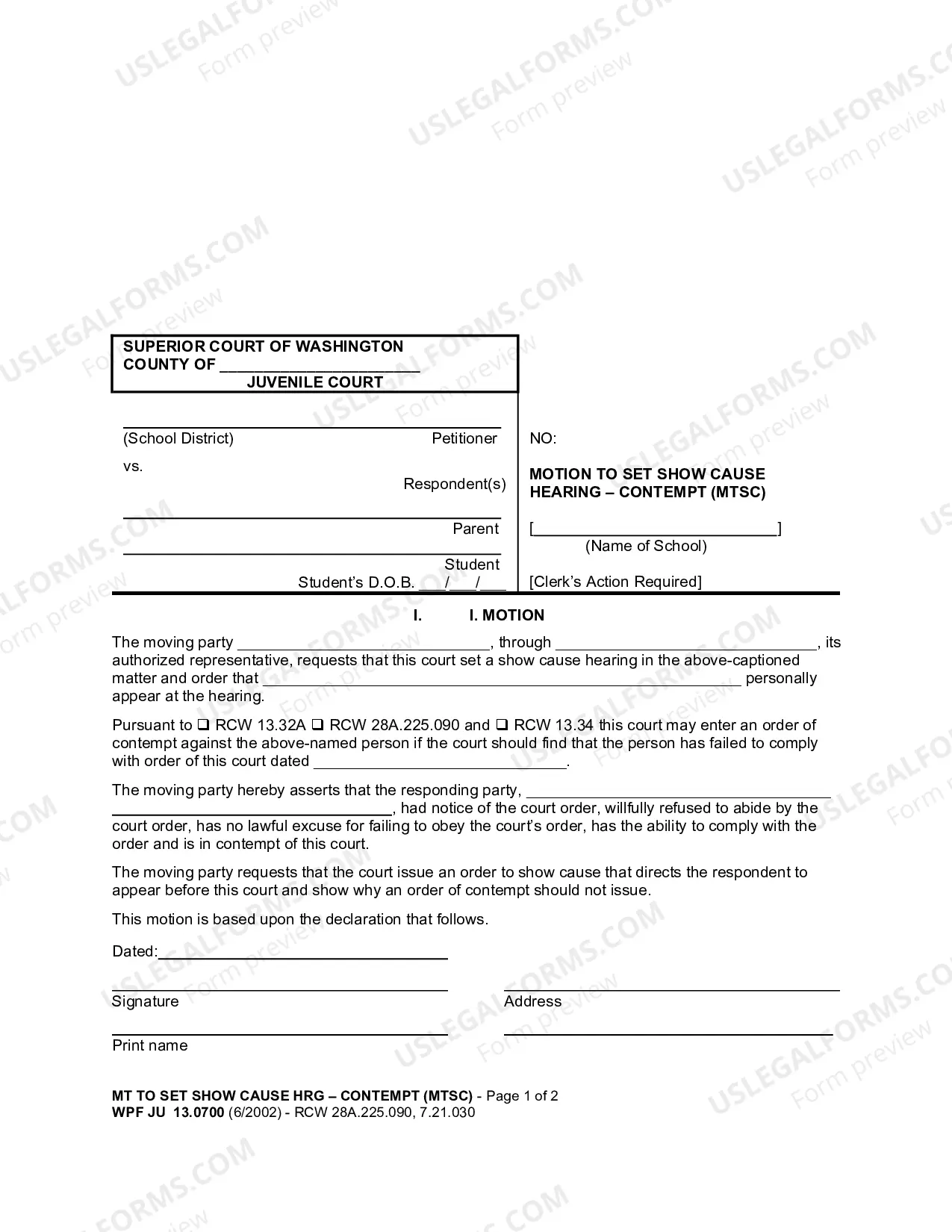 Preview Motion To Set Show Cause Hearing - Contempt