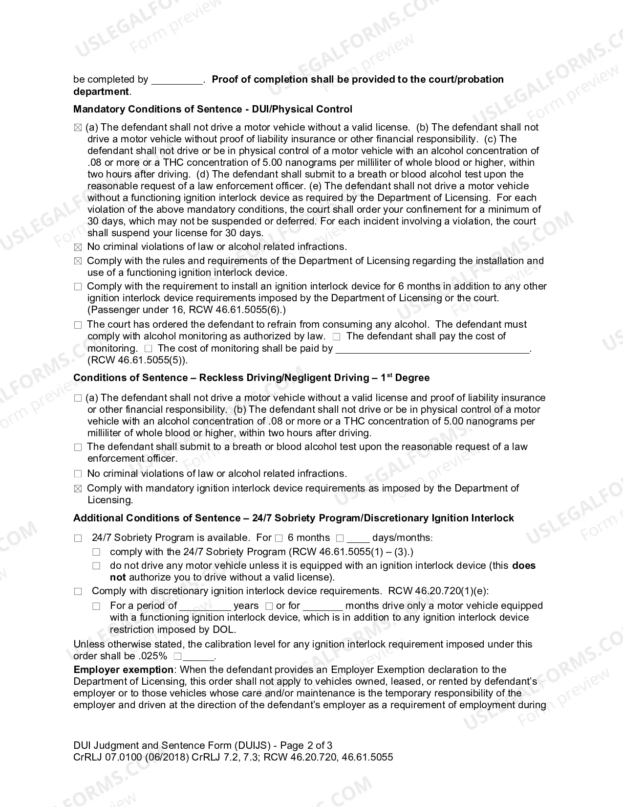 Preview Judgment And Sentence For DUI or Physical Control
