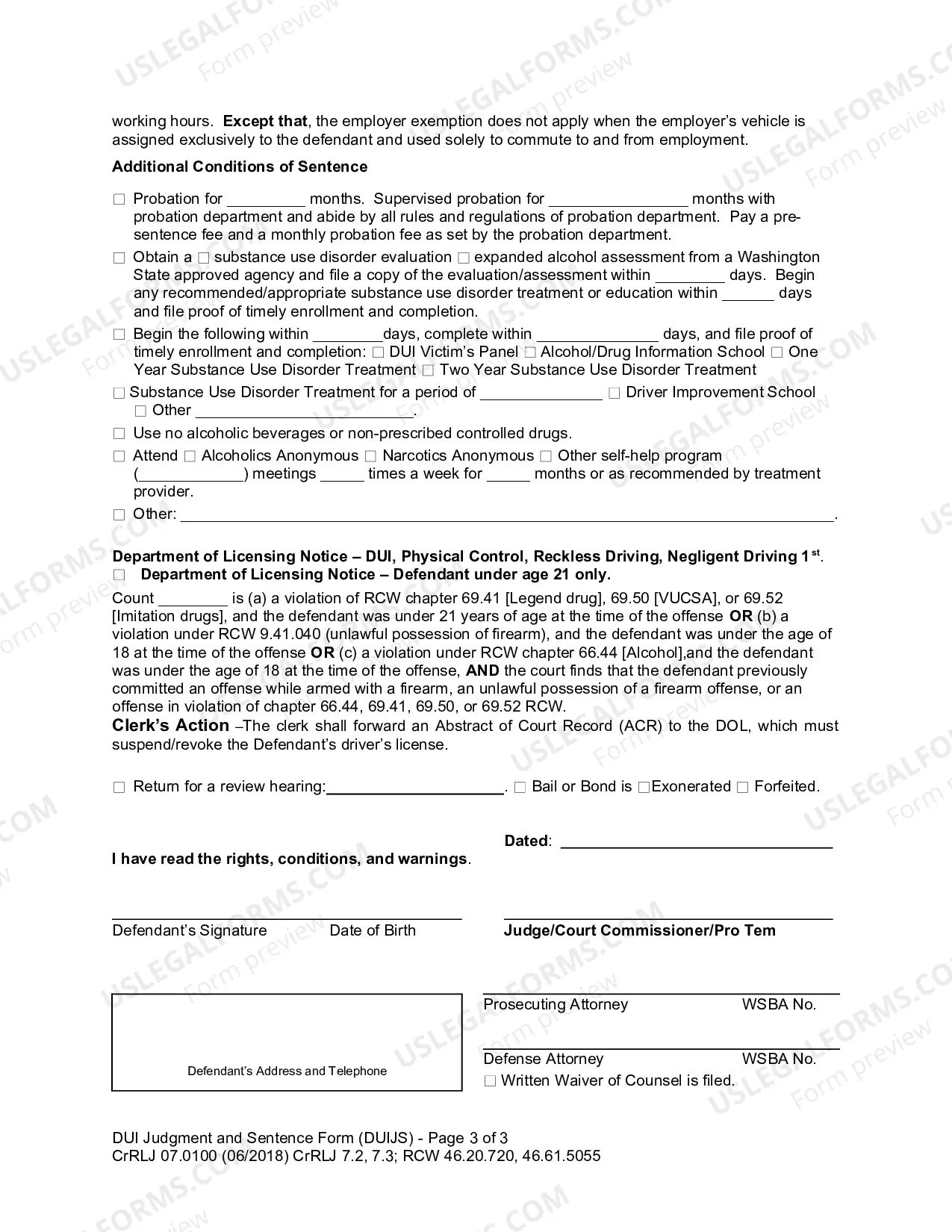 Preview Judgment And Sentence For DUI or Physical Control