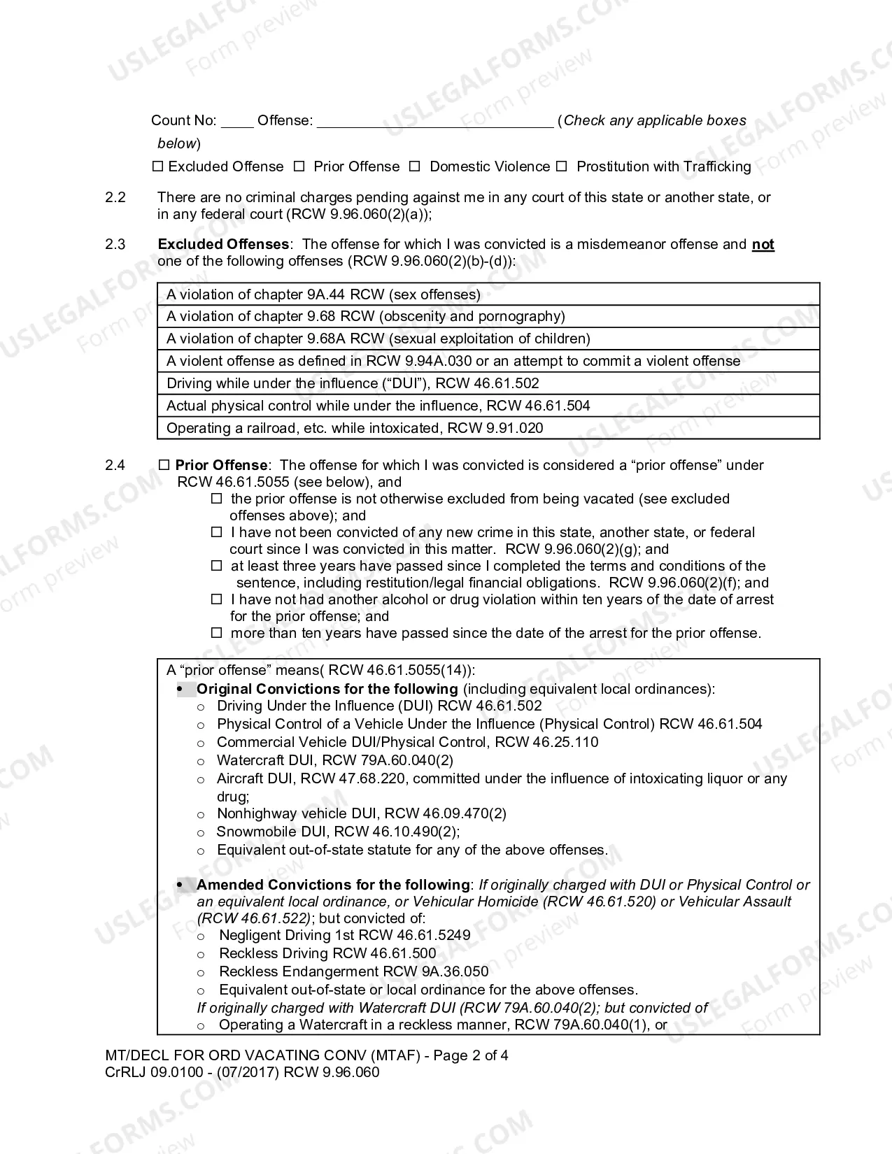 Preview Motion And Declaration For Order Vacating Conviction