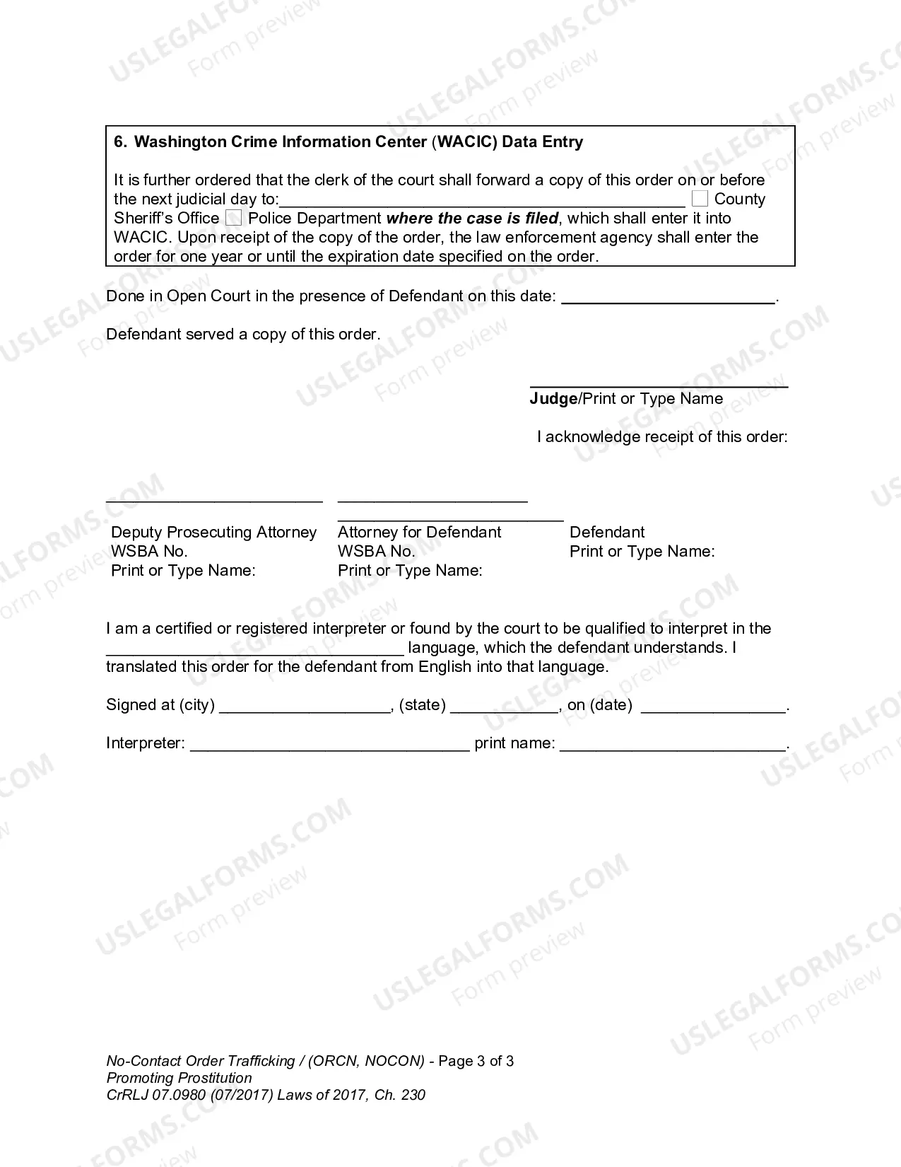Preview No-Contact Order - Human Trafficking / Promoting Prostitution