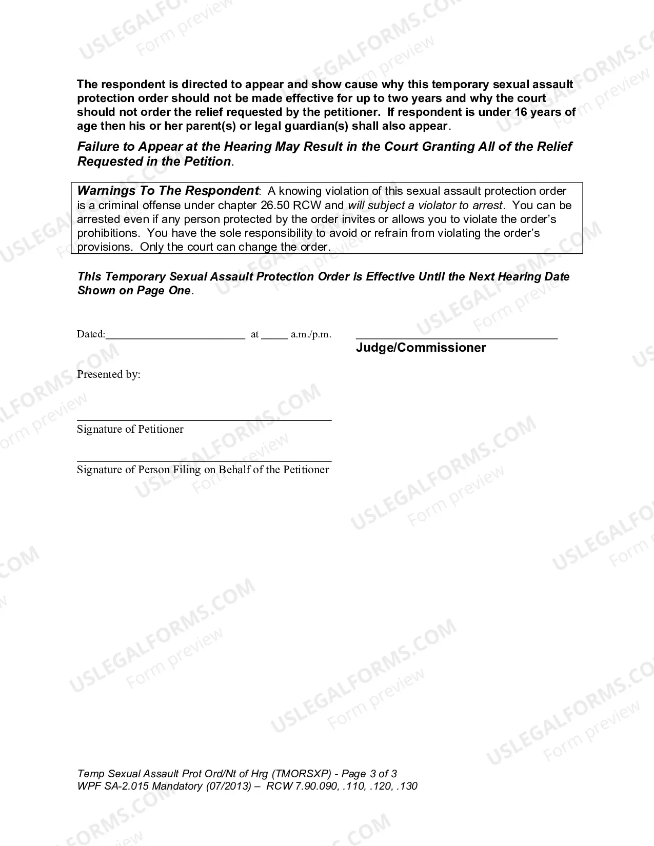Preview Temporary Sexual Assault Protection Order And Notice of Hearing