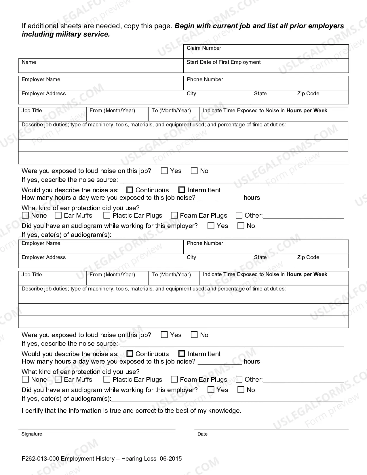 Preview Occupational Hearing Loss Questionnaire
