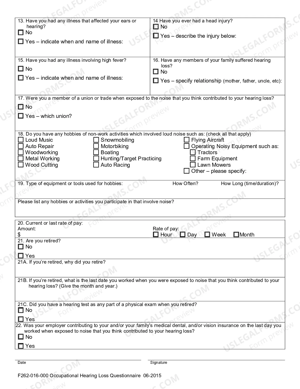 Preview Occupational Hearing Loss Questionnaire