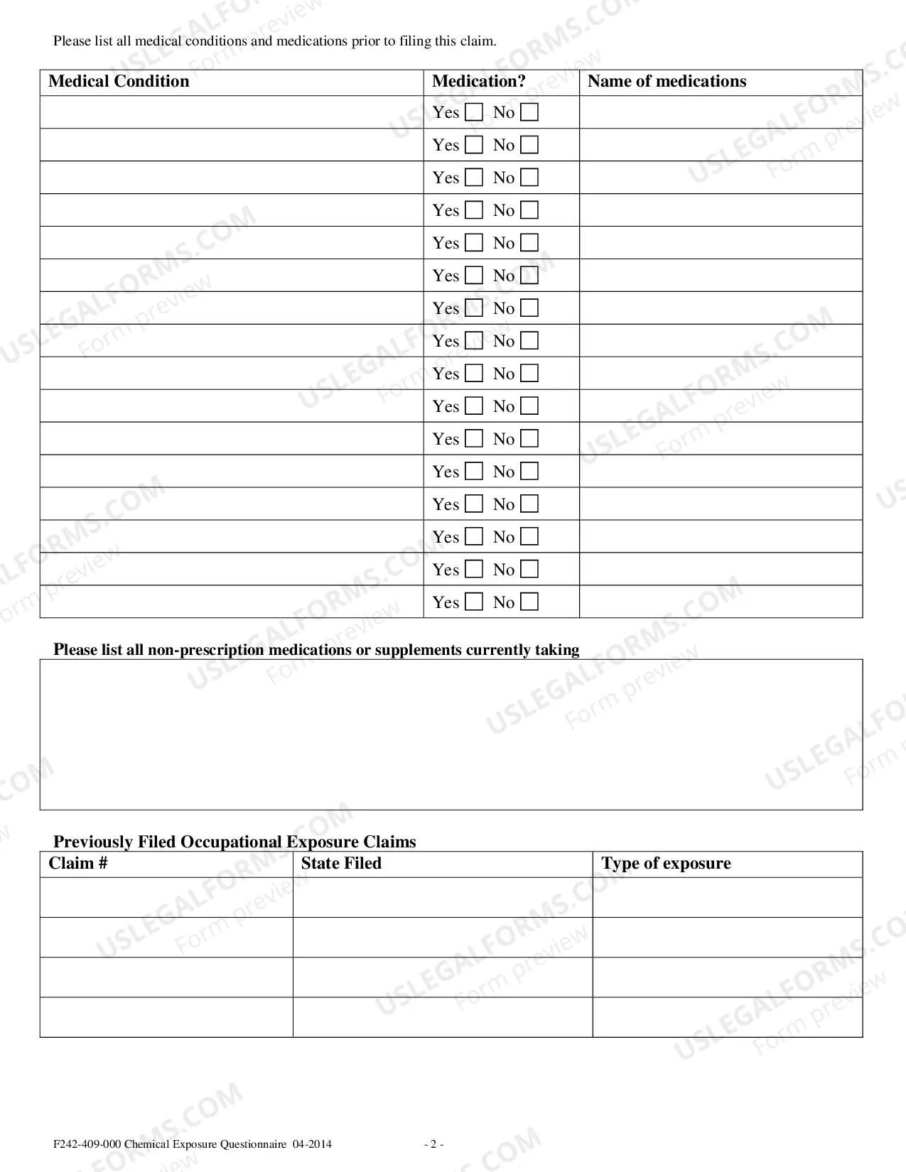 Preview Chemical Exposure Questionnaire Packet