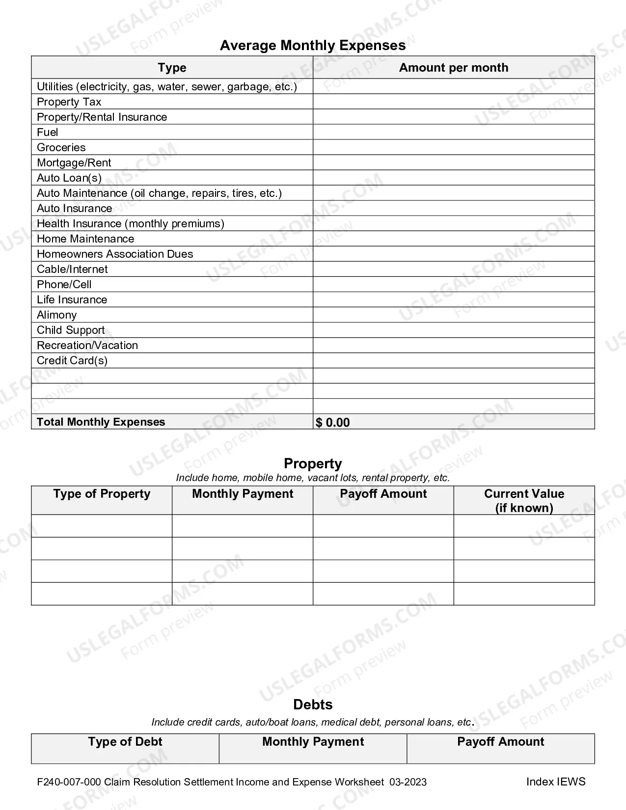Preview Structured Settlement Income and Expense Worksheet