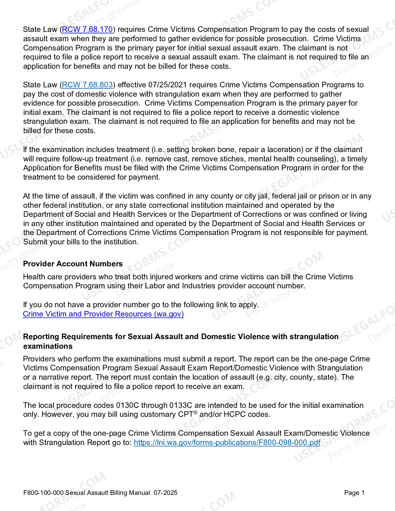 Preview Billing Guidelines for Sexual Assault Examinations: Crime Victims Compensation Program