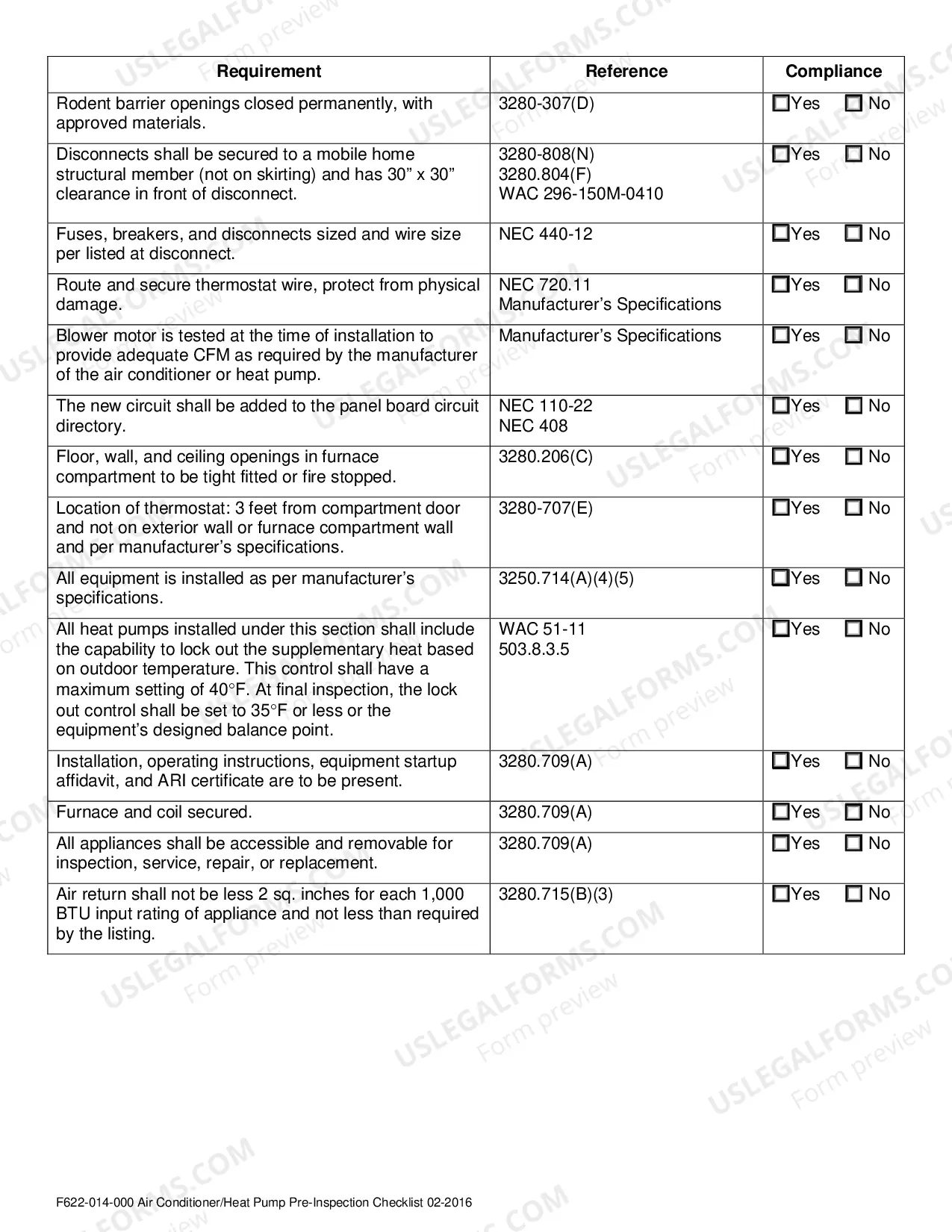 Preview Air Conditioner/Heat Pump Pre-Inspection Checklist and Start Up Affidavit