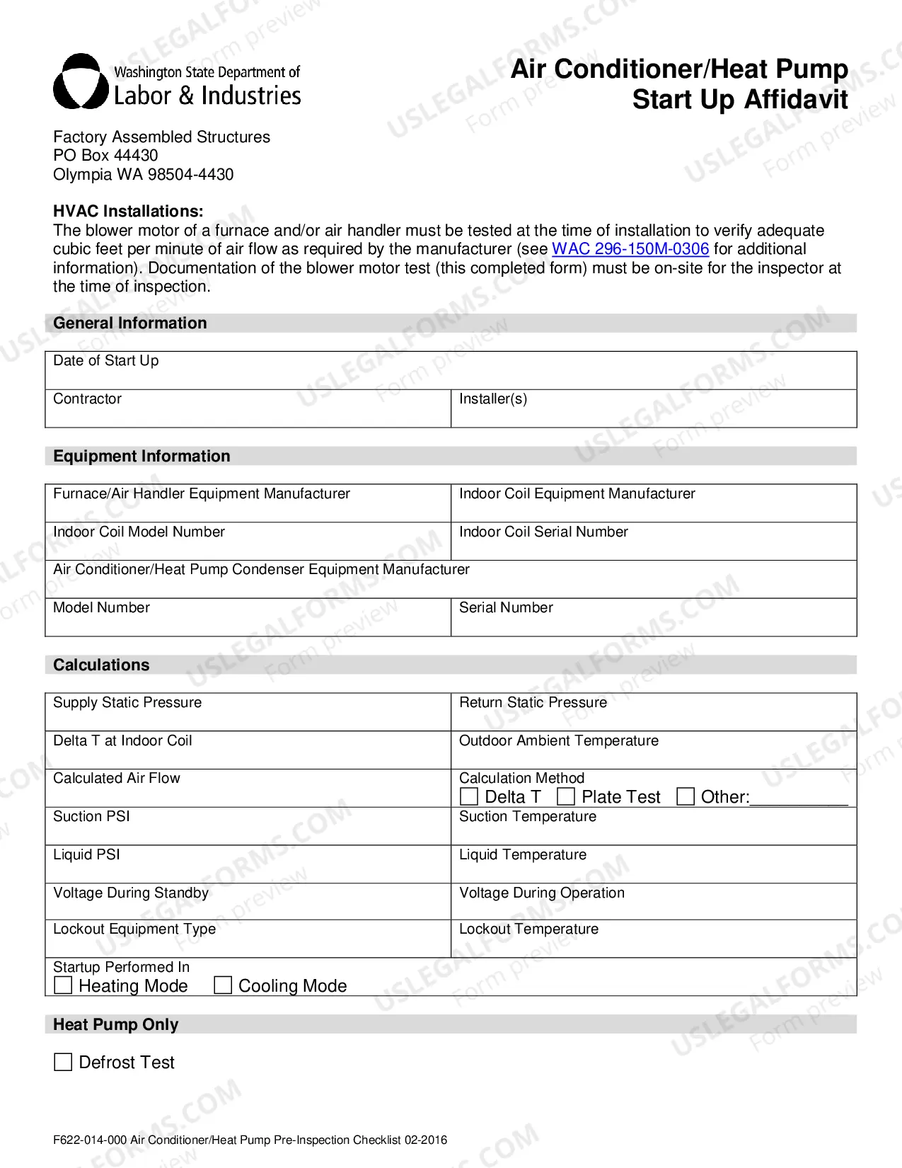 Preview Air Conditioner/Heat Pump Pre-Inspection Checklist and Start Up Affidavit