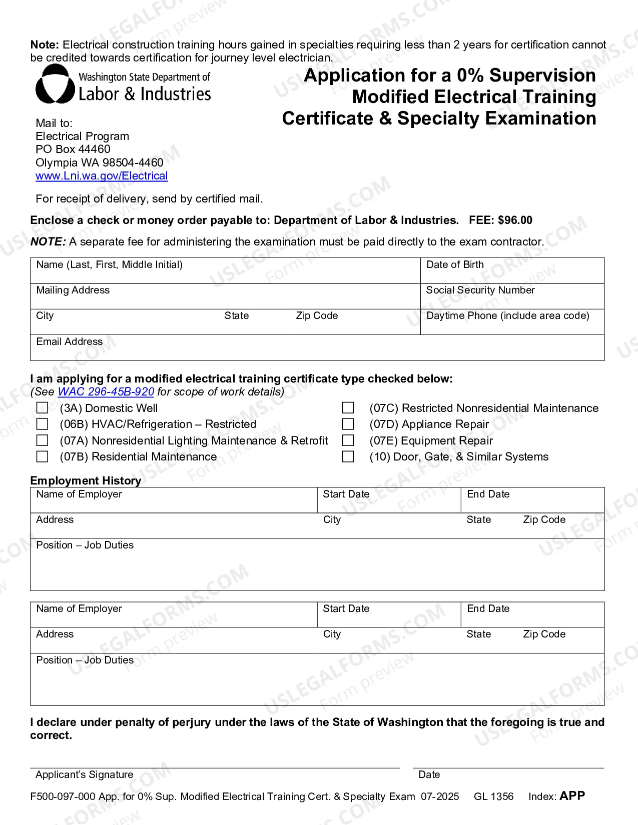 Preview Application for a 0% Supervision Modified Electrical Training Certificate & Specialty Examination