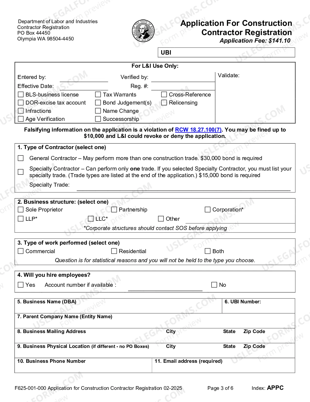 Preview Application for Construction Contractors Registration