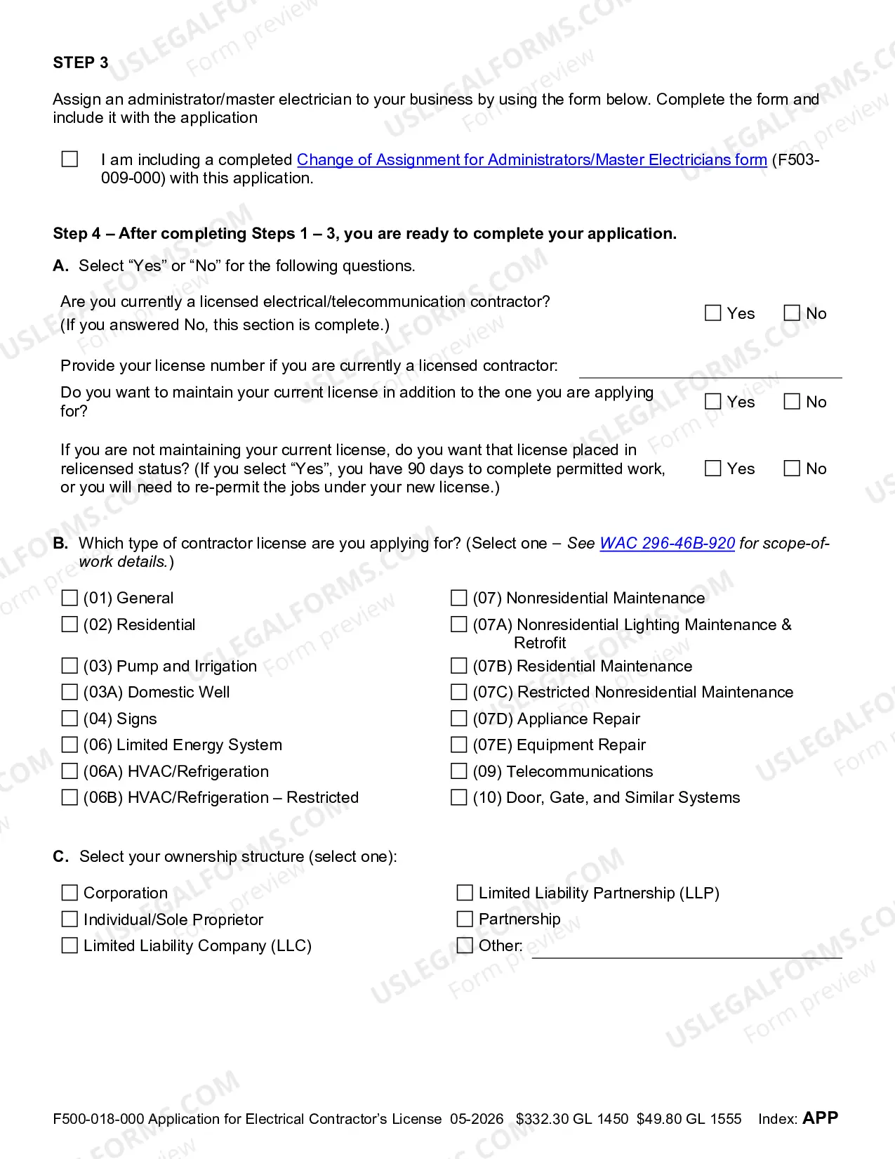 Preview Application for Electrical Contractors License