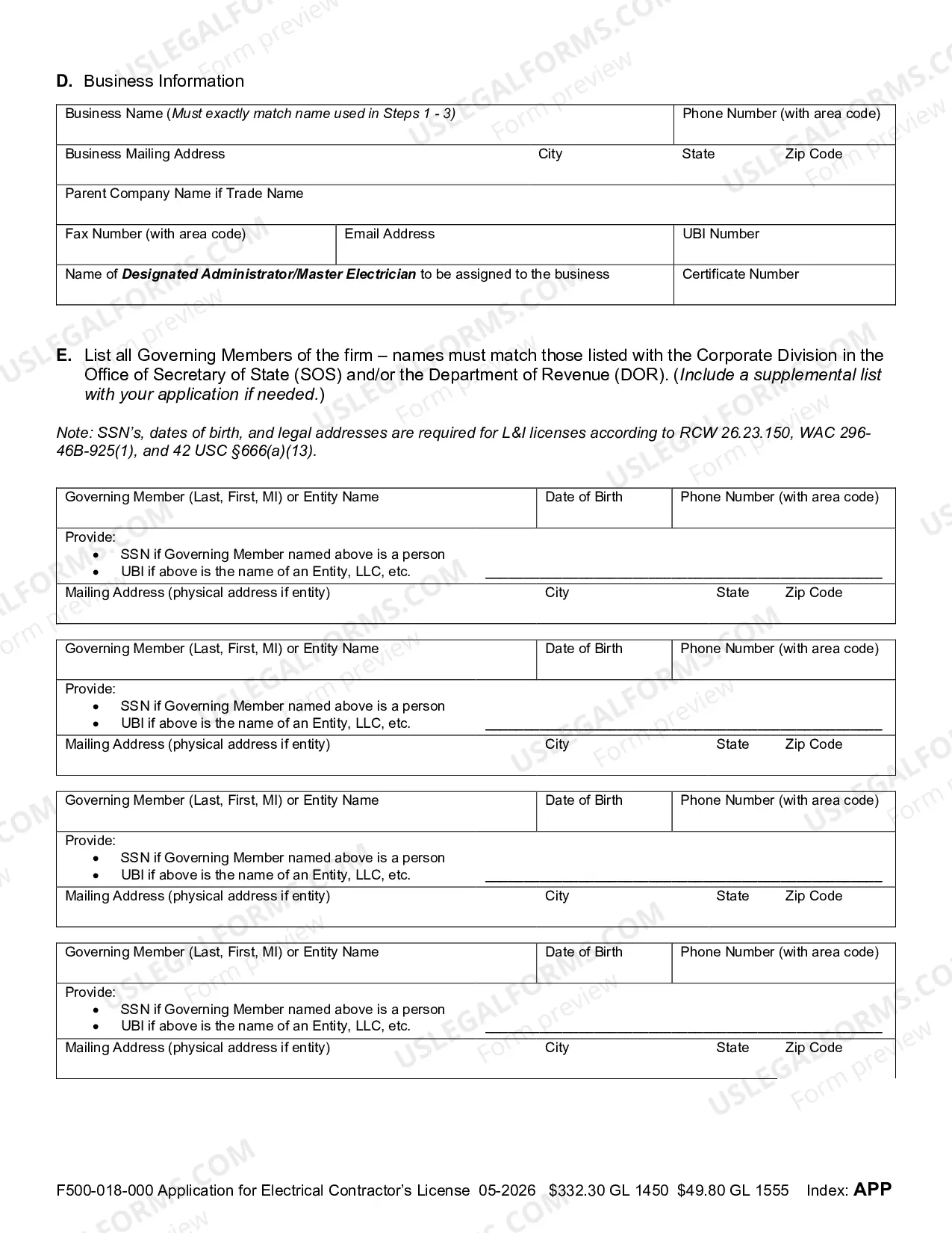 Preview Application for Electrical Contractors License