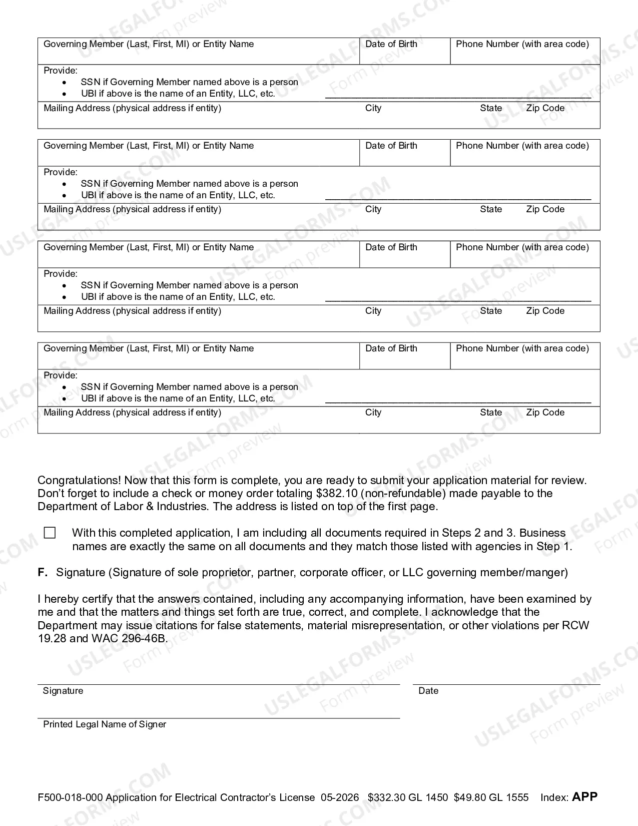 Preview Application for Electrical Contractors License