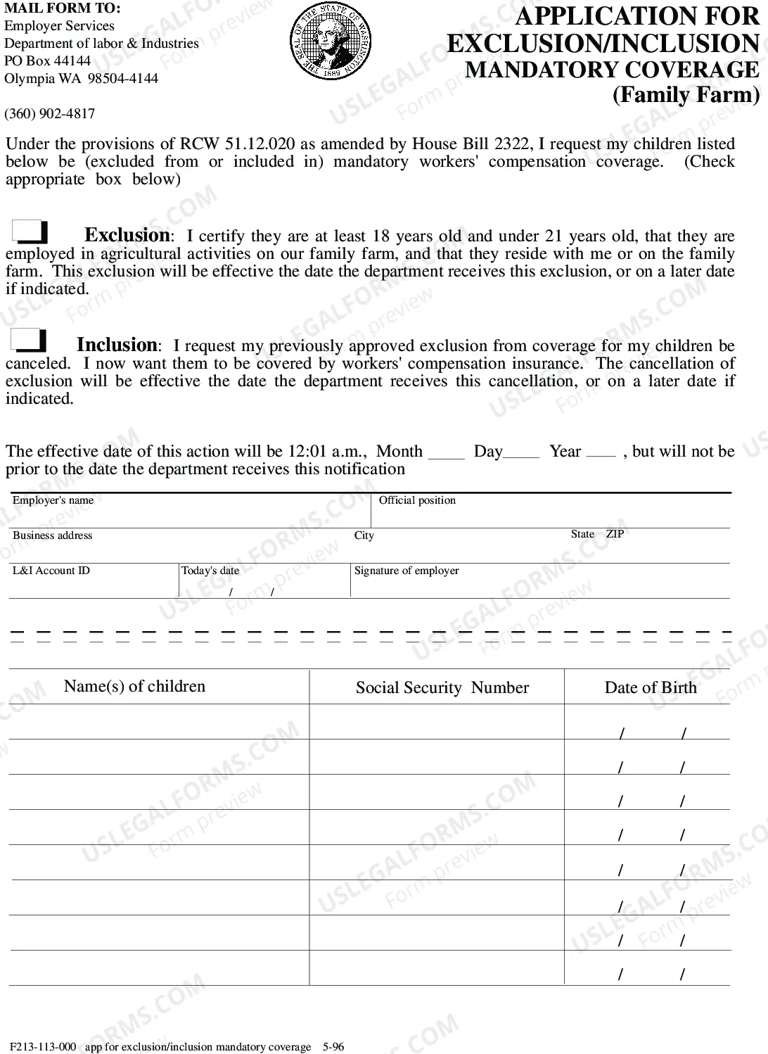 Preview Application for Exclusion/Inclusion - Mandatory Coverage (Family Farm)