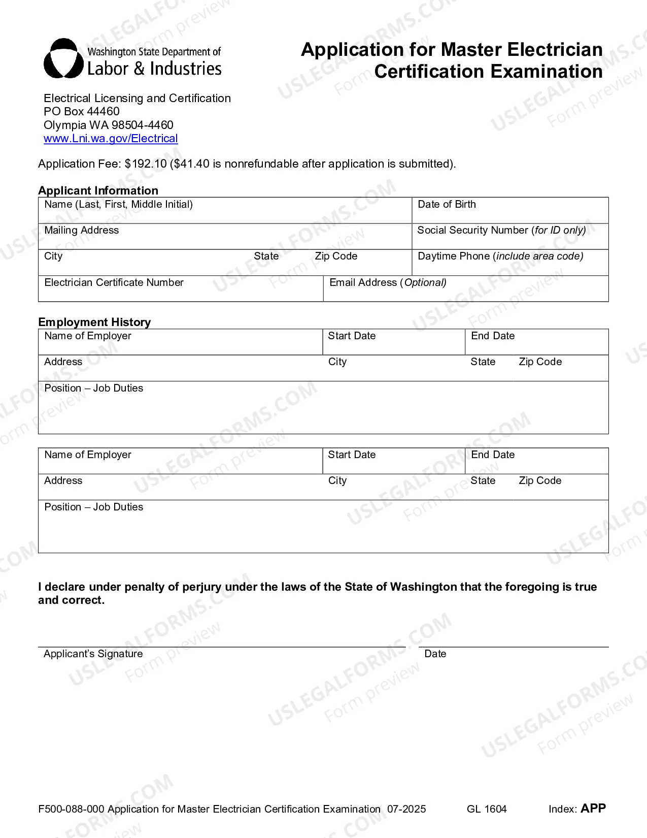 Preview Application for Master Electrician Certification Examination