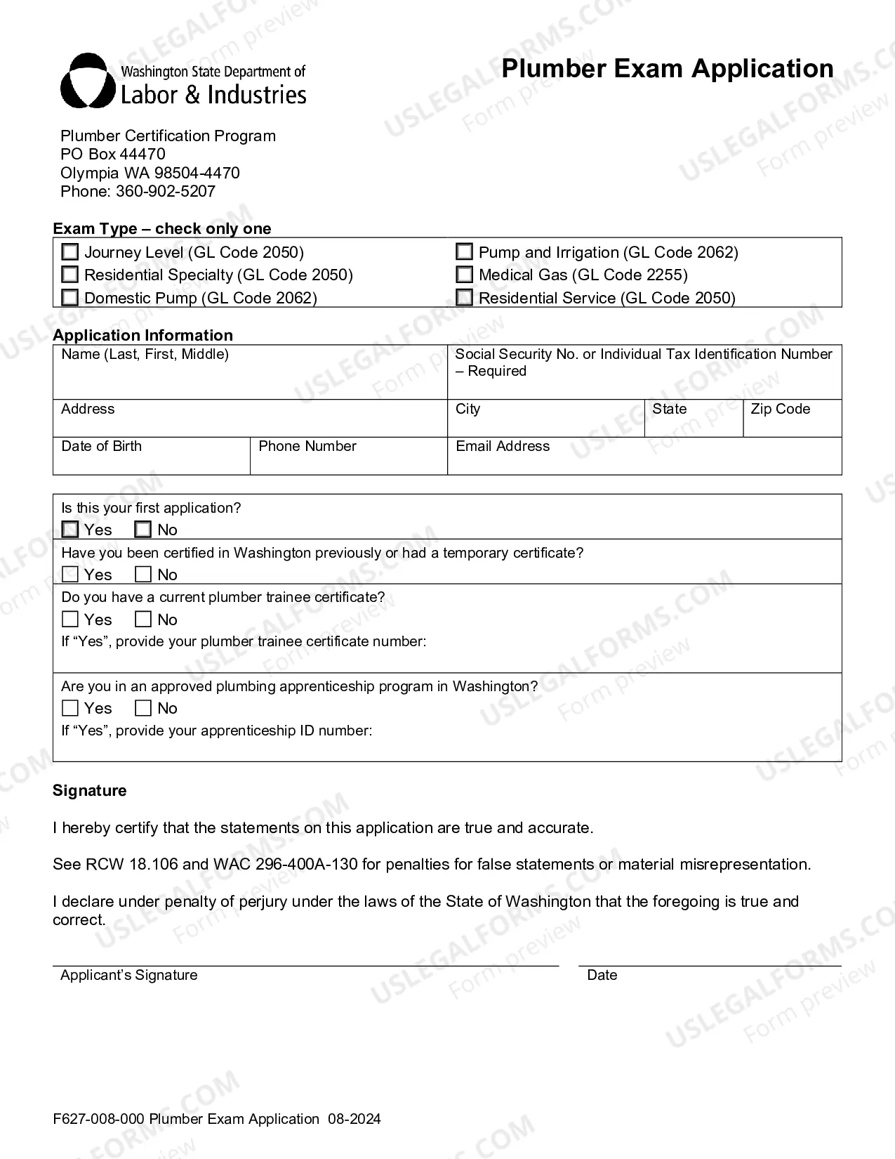 Preview Application for Plumber Examination, Reciprocal, Medical Gas Endorsement, or Temporary Permit