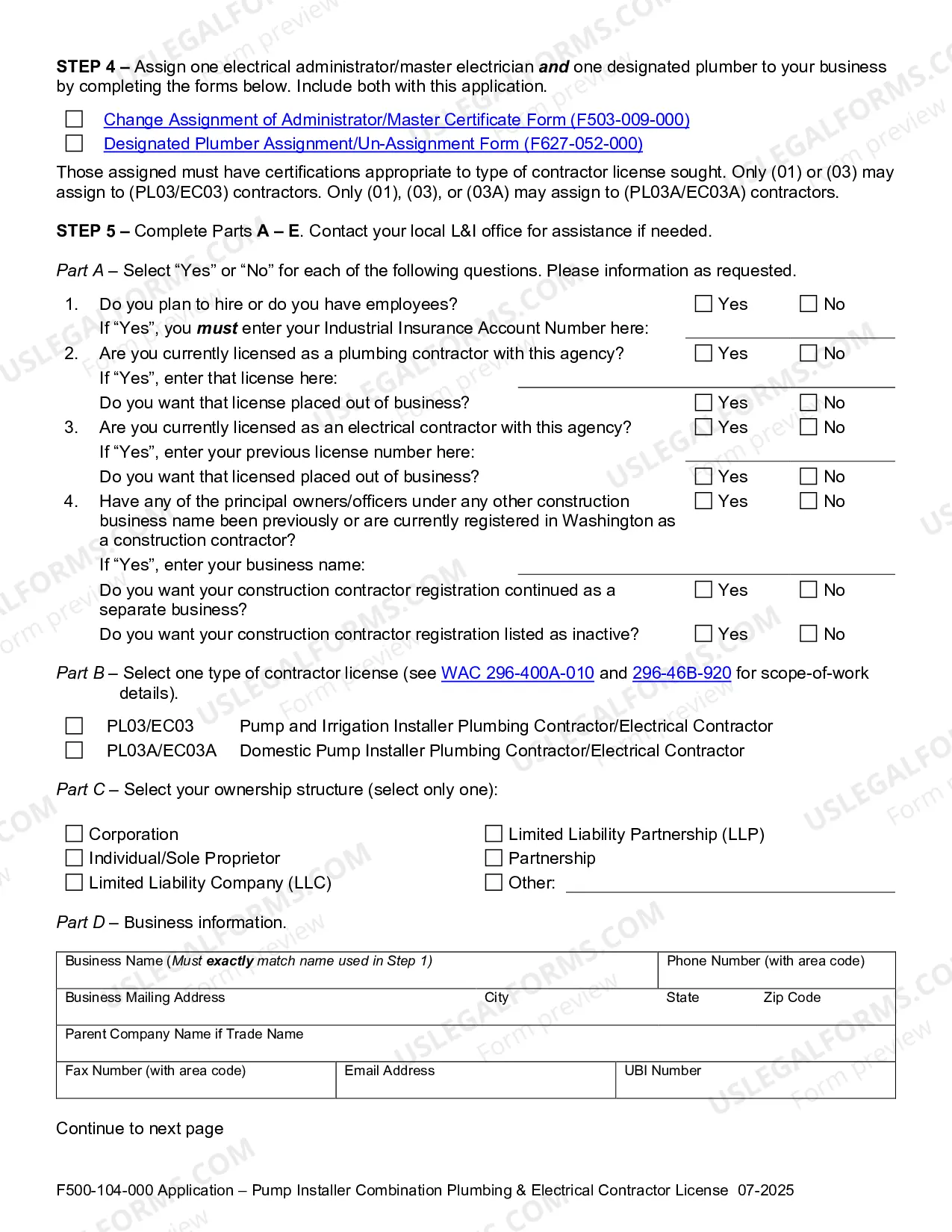 Preview Application for Pump Installer Combination General Contractor Registration and Electrical Contractor License