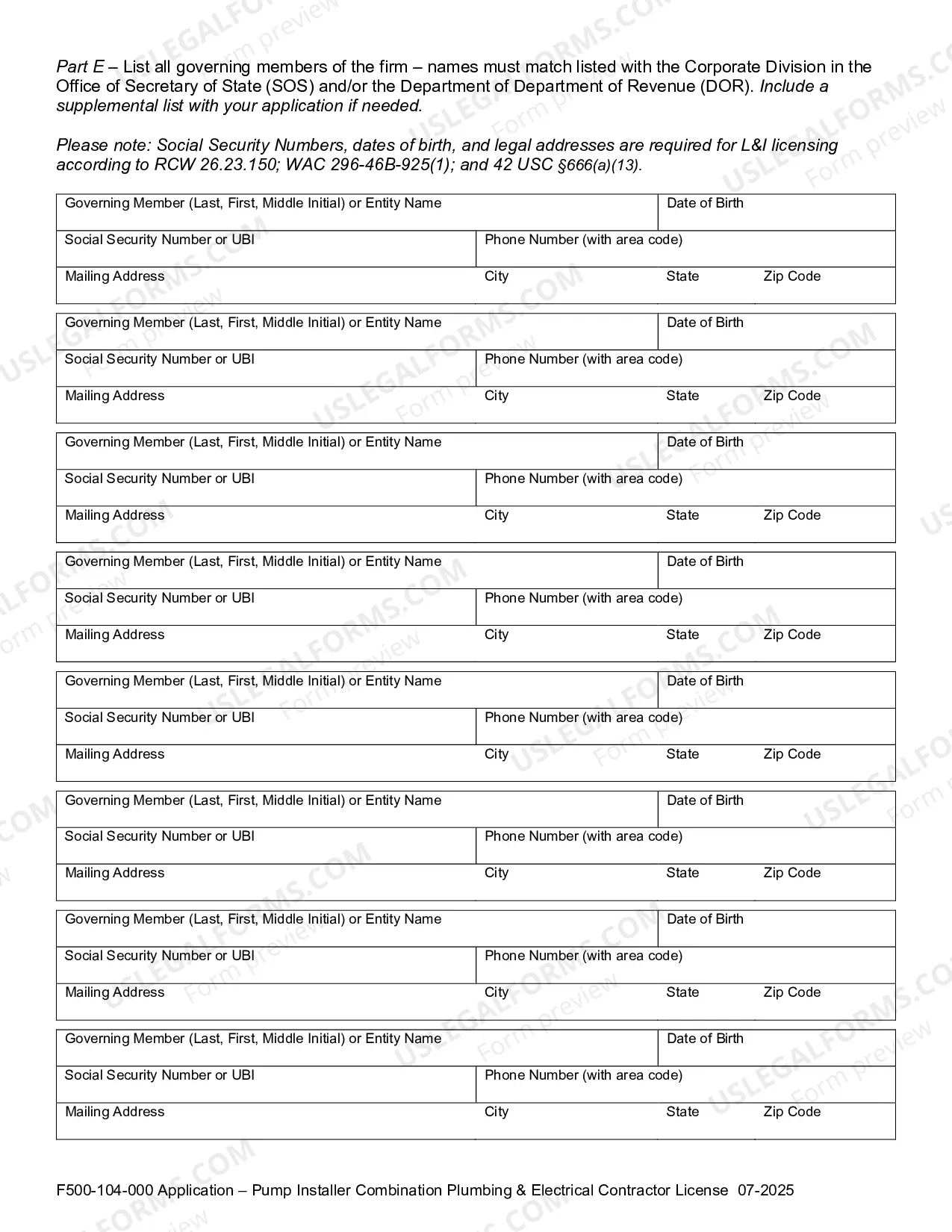 Preview Application for Pump Installer Combination General Contractor Registration and Electrical Contractor License
